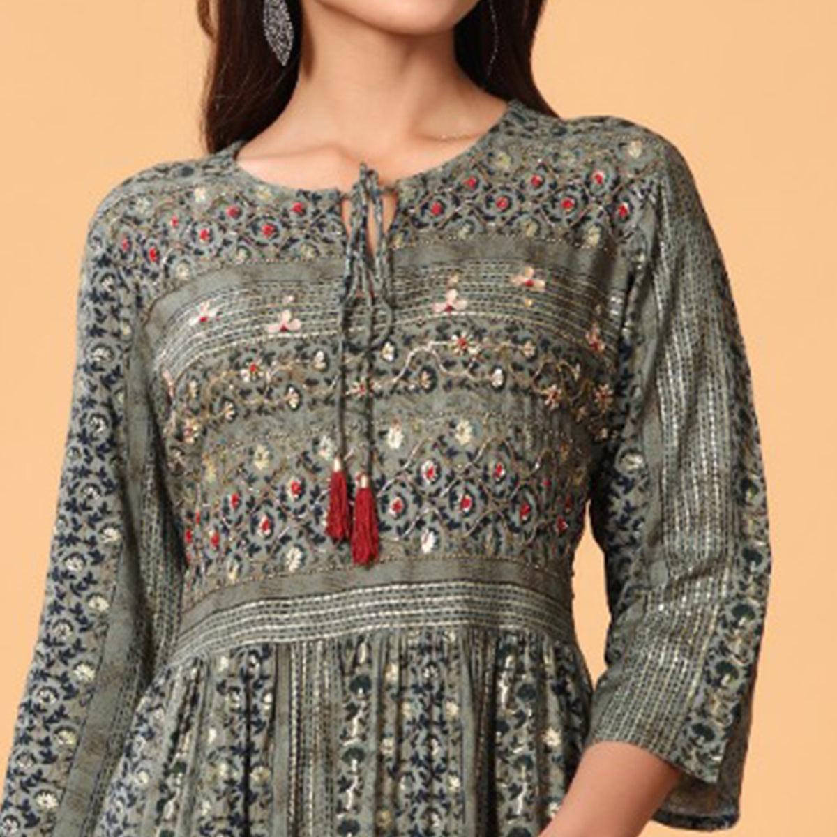 Grey Printed Rayon Kurti - Peachmode