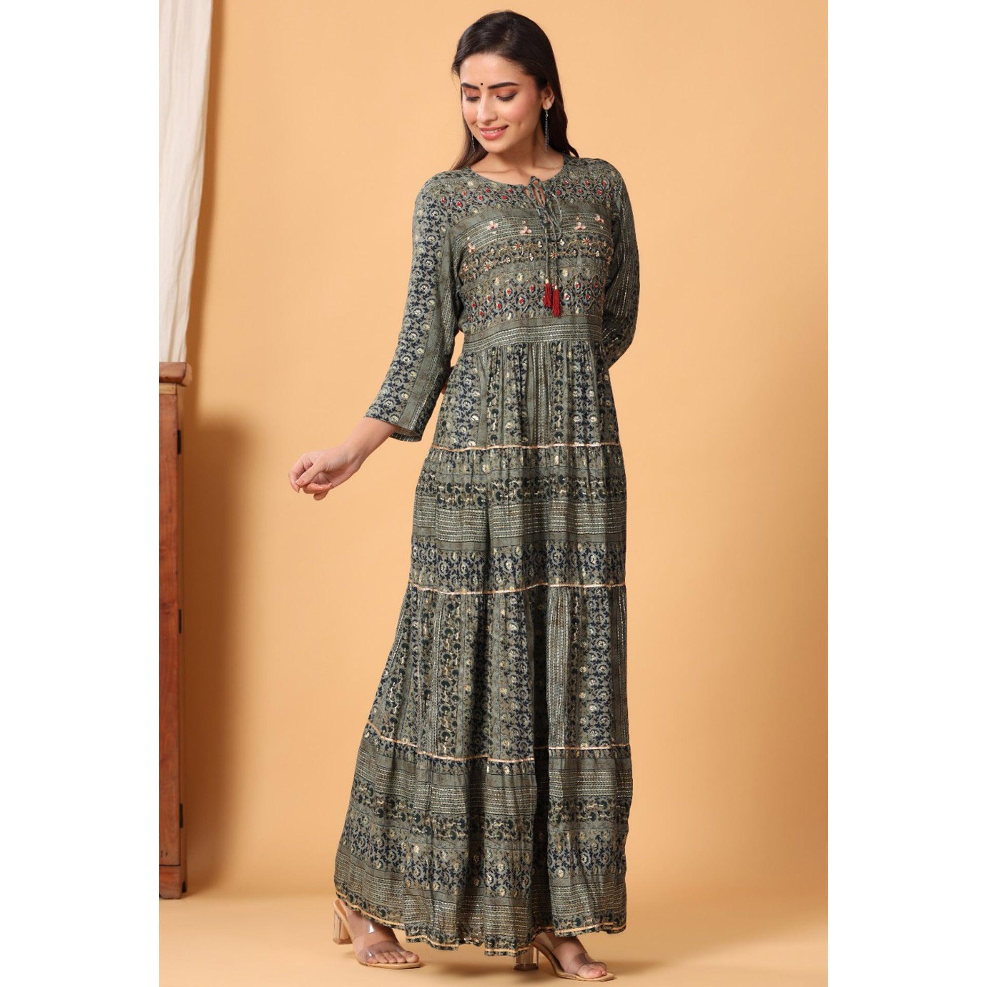 Grey Printed Rayon Kurti - Peachmode