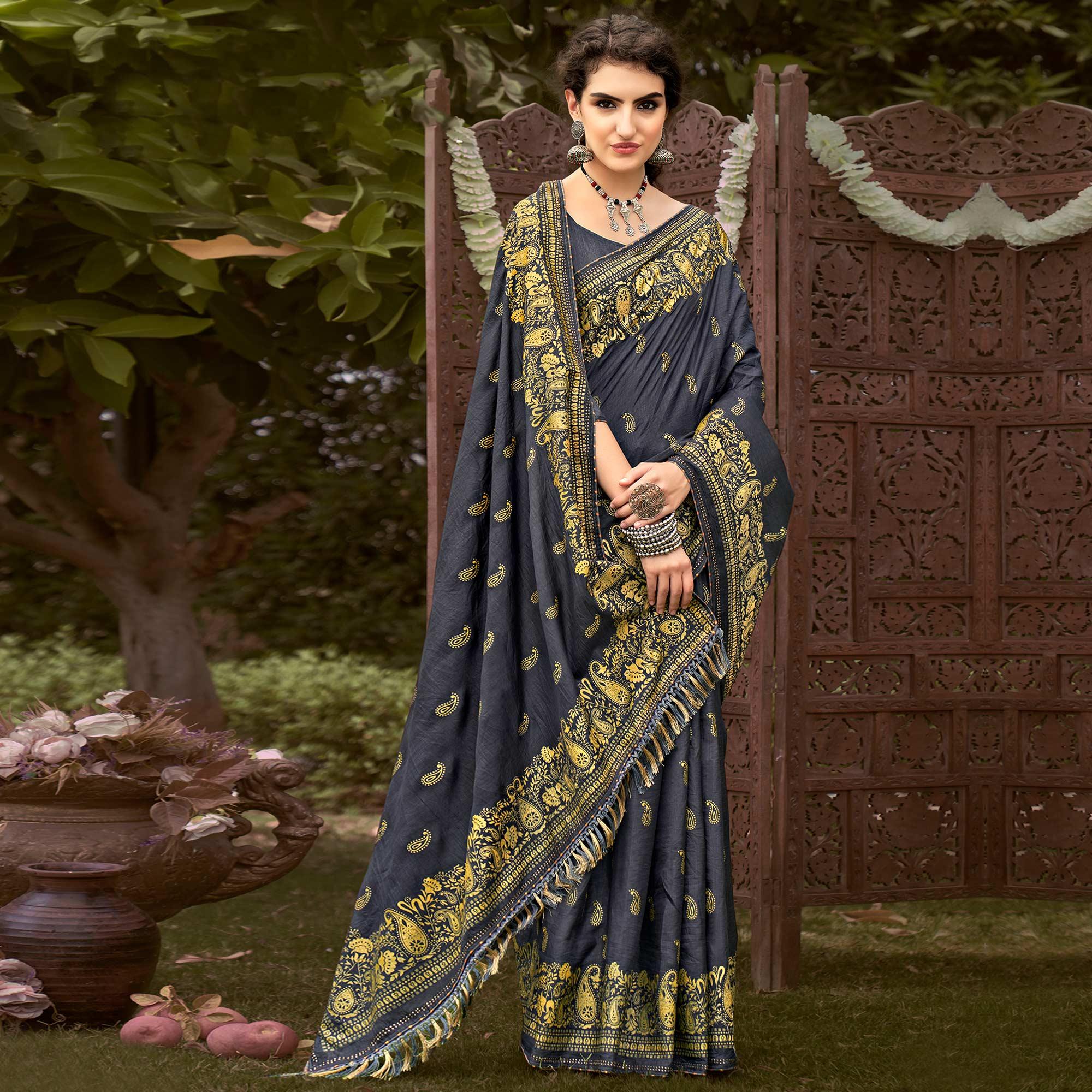 Grey Printed Vichitra Silk Saree With Tassels - Peachmode