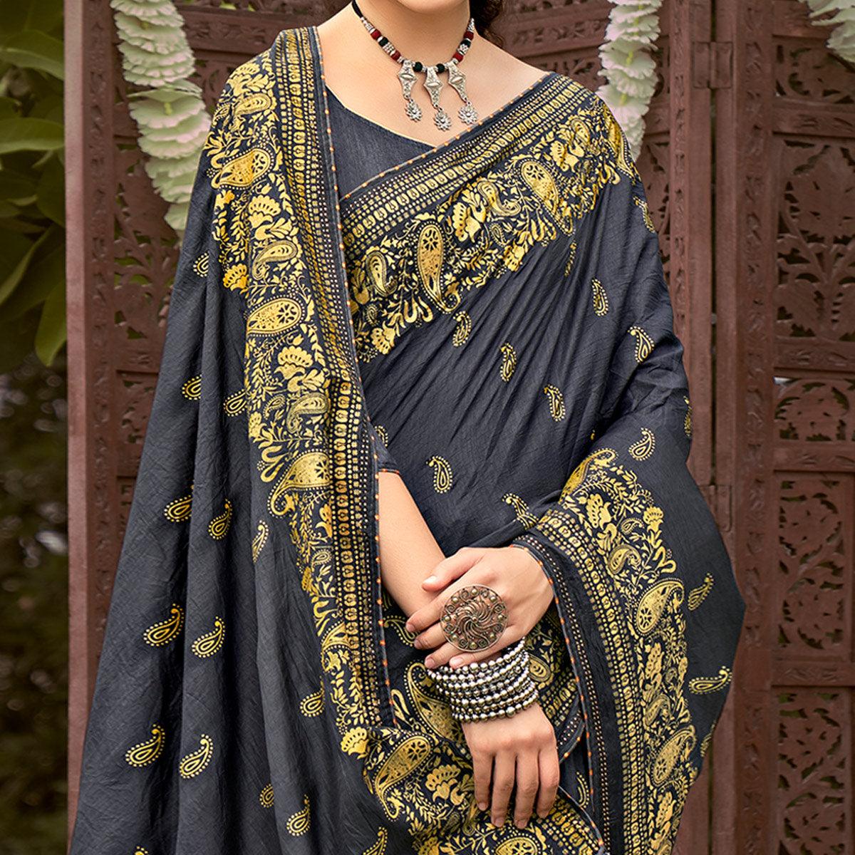 Grey Printed Vichitra Silk Saree With Tassels - Peachmode