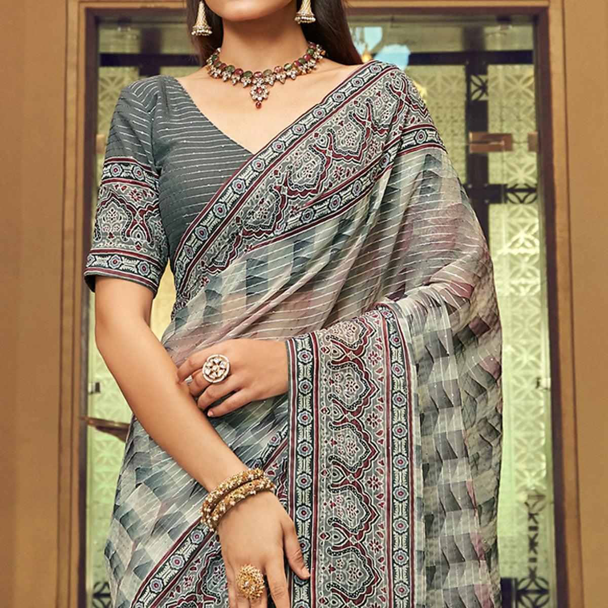 Grey Printed With Embellished Georgette Half and Half Saree - Peachmode