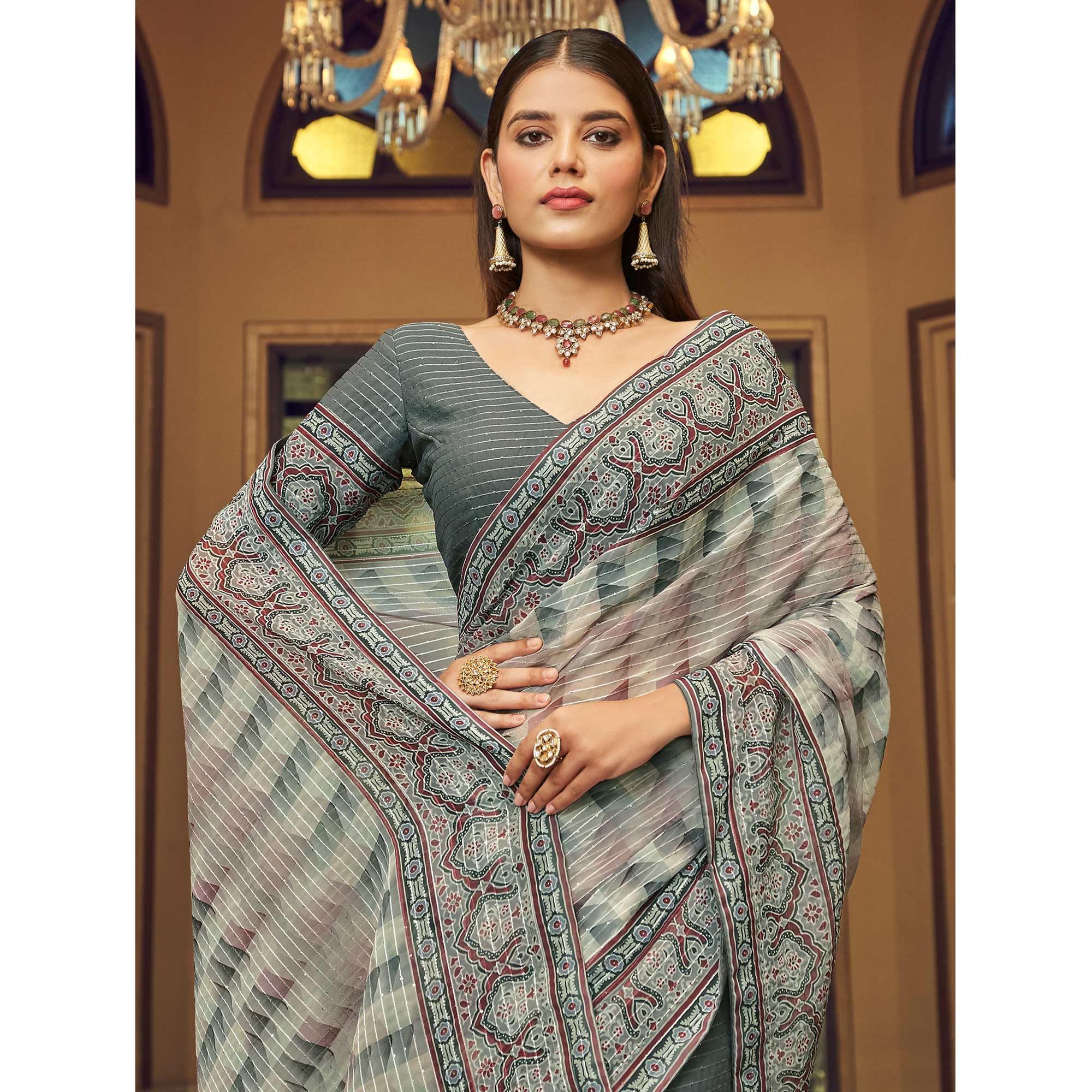 Grey Printed With Embellished Georgette Half and Half Saree - Peachmode