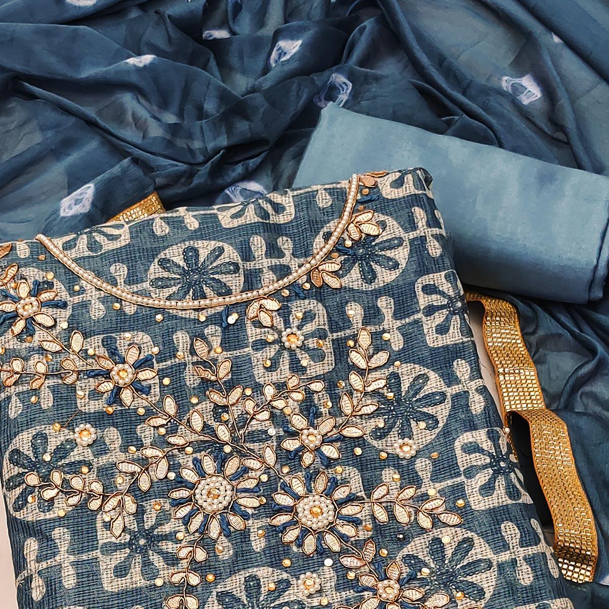 Grey Printed With Embellished Khaadi Dress Material - Peachmode