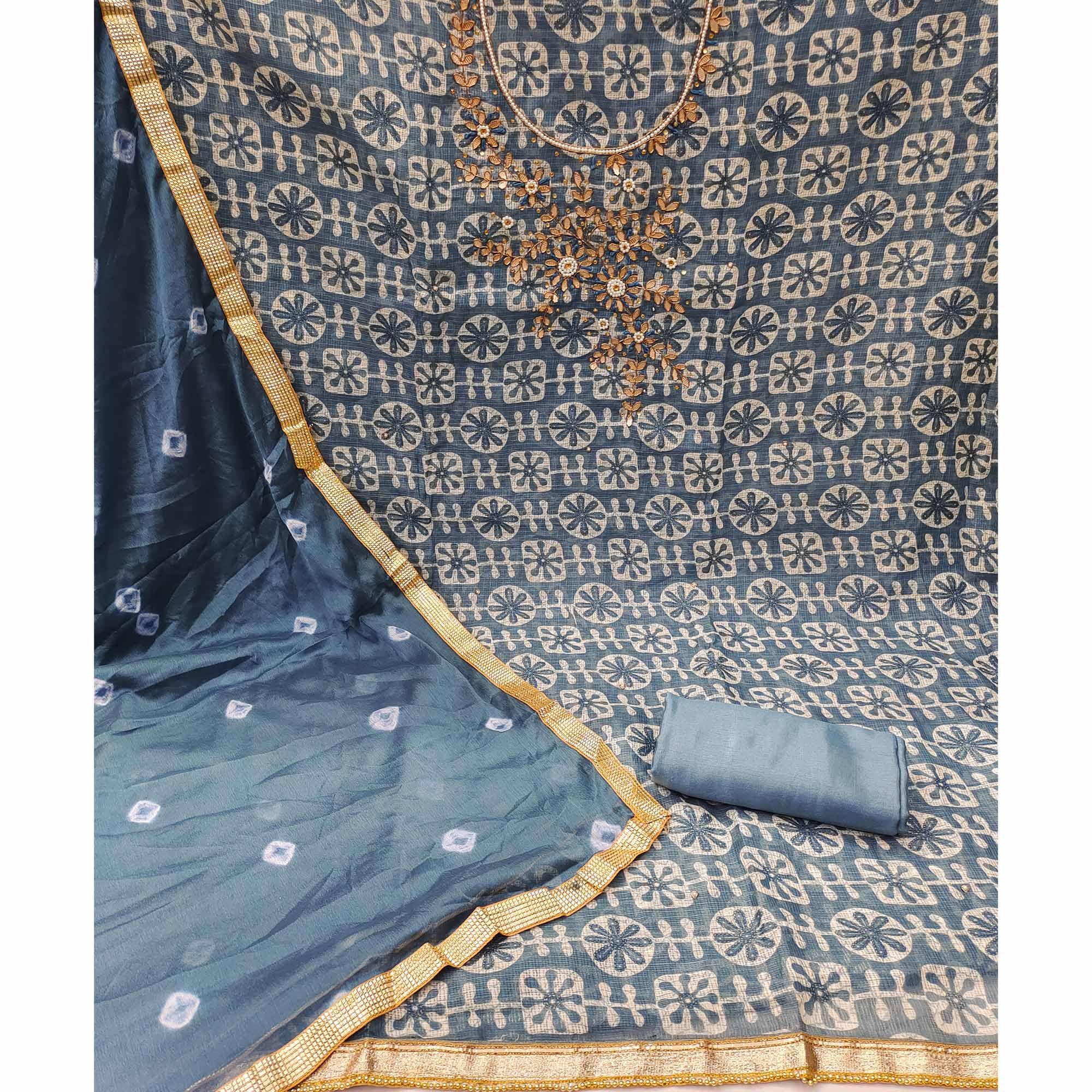 Grey Printed With Embellished Khaadi Dress Material - Peachmode