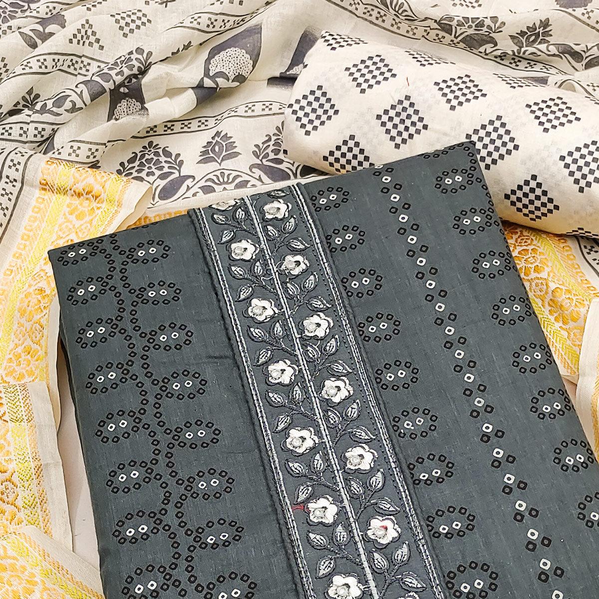 Grey Printed With Embroidered Cotton Blend Dress Material - Peachmode