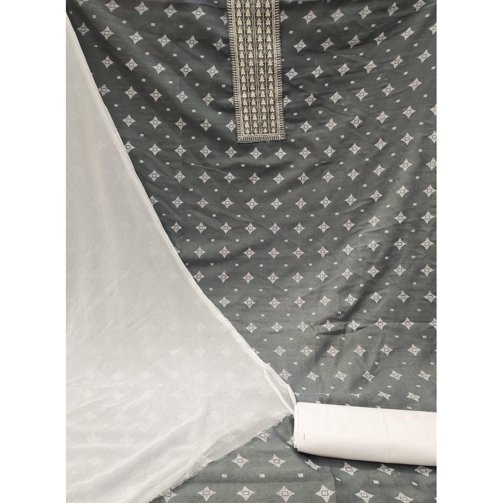 Grey Printed With Embroidered Cotton Blend Dress Material - Peachmode