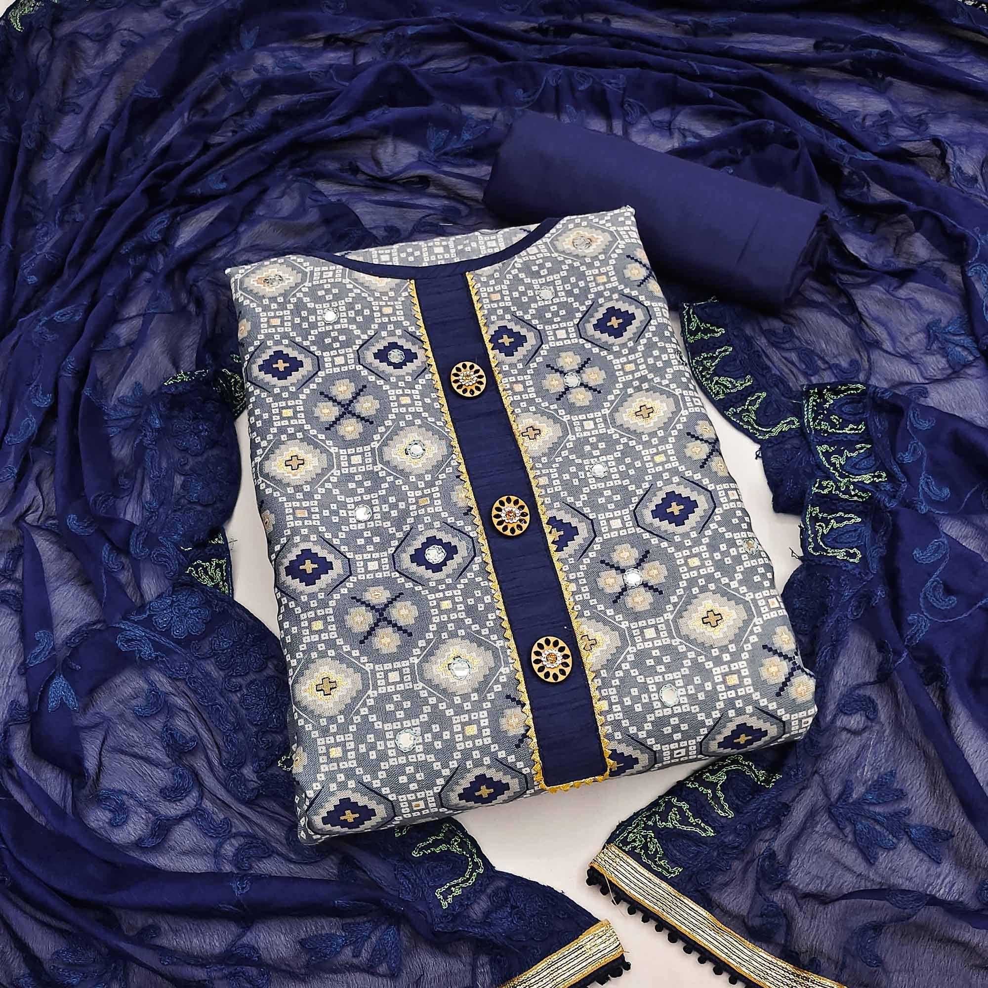 Grey Printed With Embroidered Poly Cotton Dress Material - Peachmode