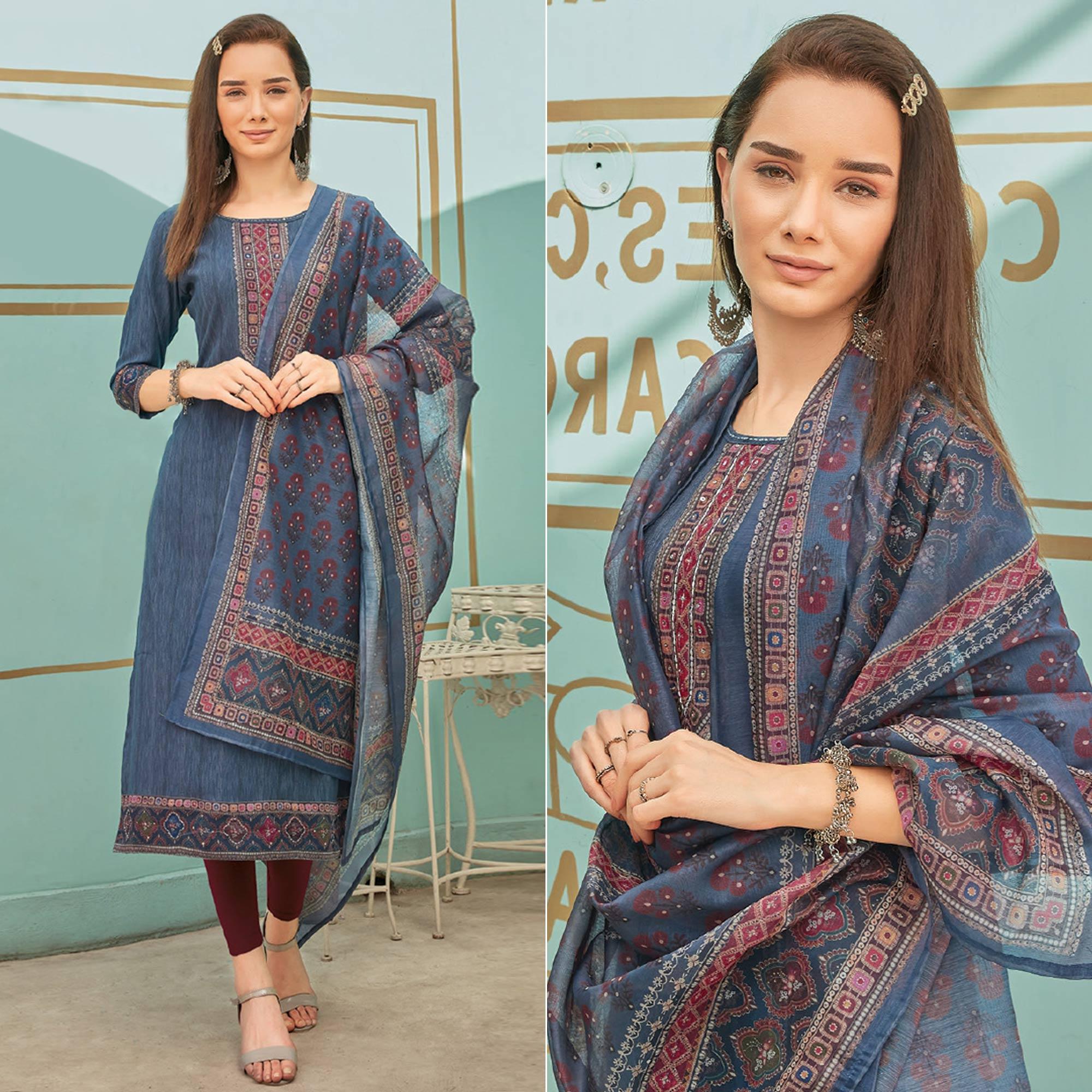 Grey Printed With Embroidery Tapetta Silk Kurti With Dupatta - Peachmode