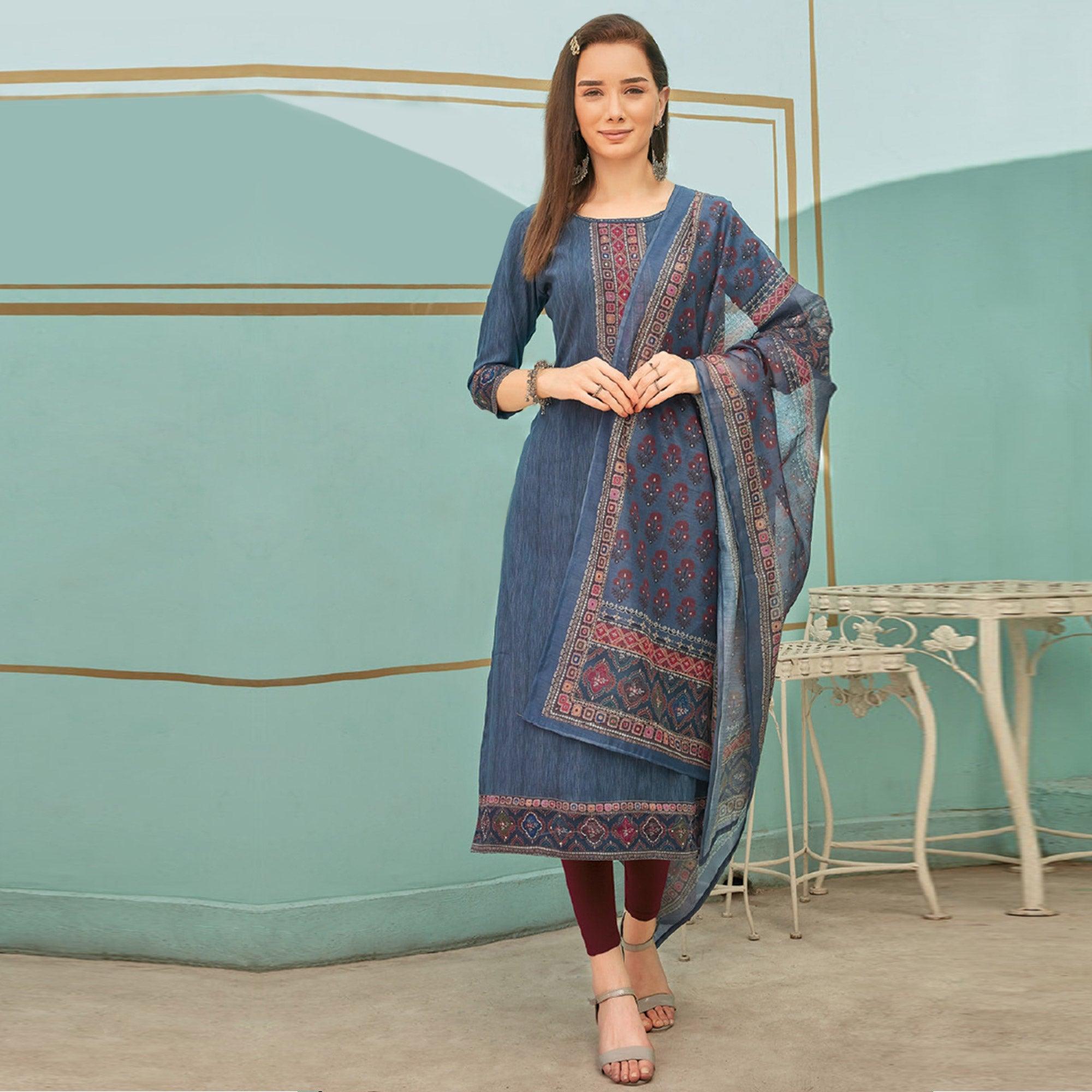 Grey Printed With Embroidery Tapetta Silk Kurti With Dupatta - Peachmode