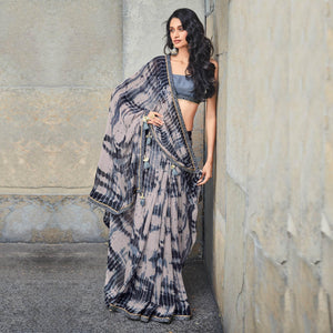 Grey Printed With Gota Patti Border Georgette Saree - Peachmode