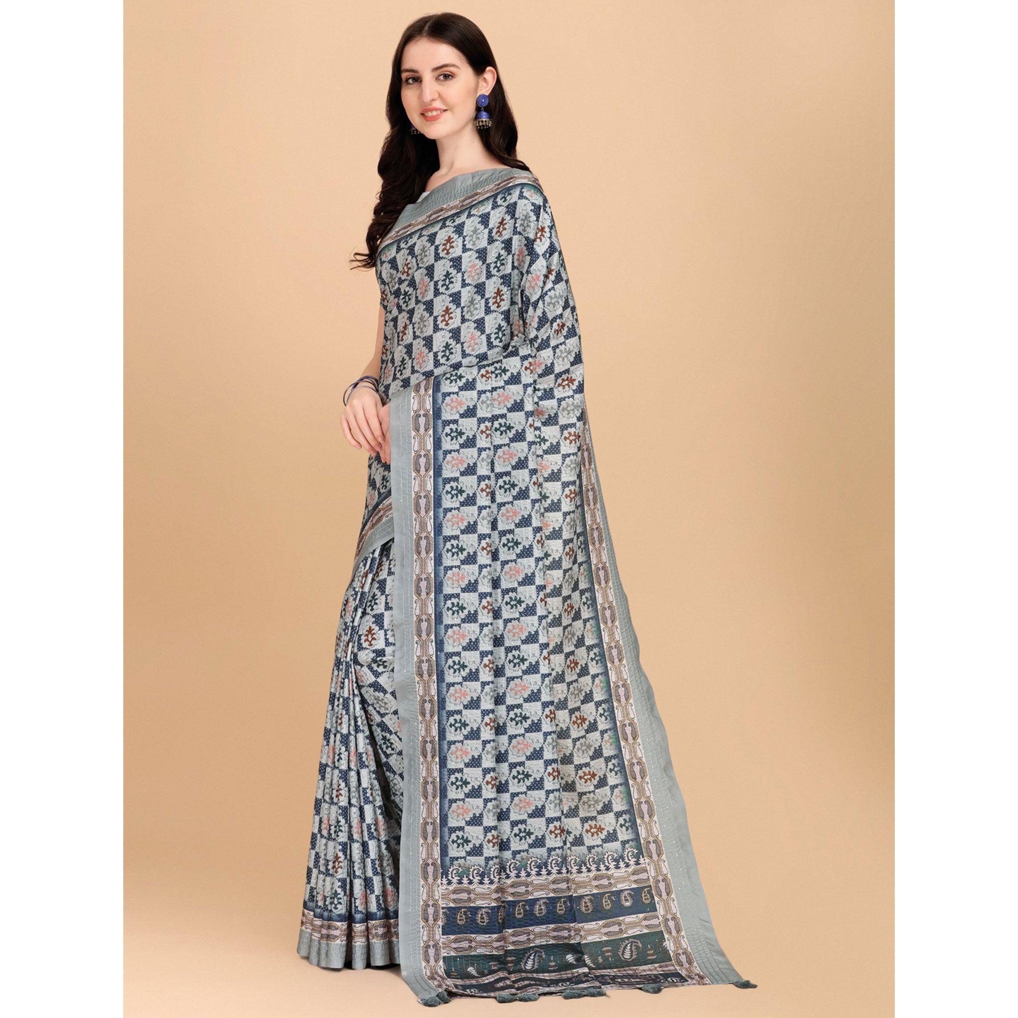 Grey Printed With Sequence Embroidered Cotton Silk Saree - Peachmode