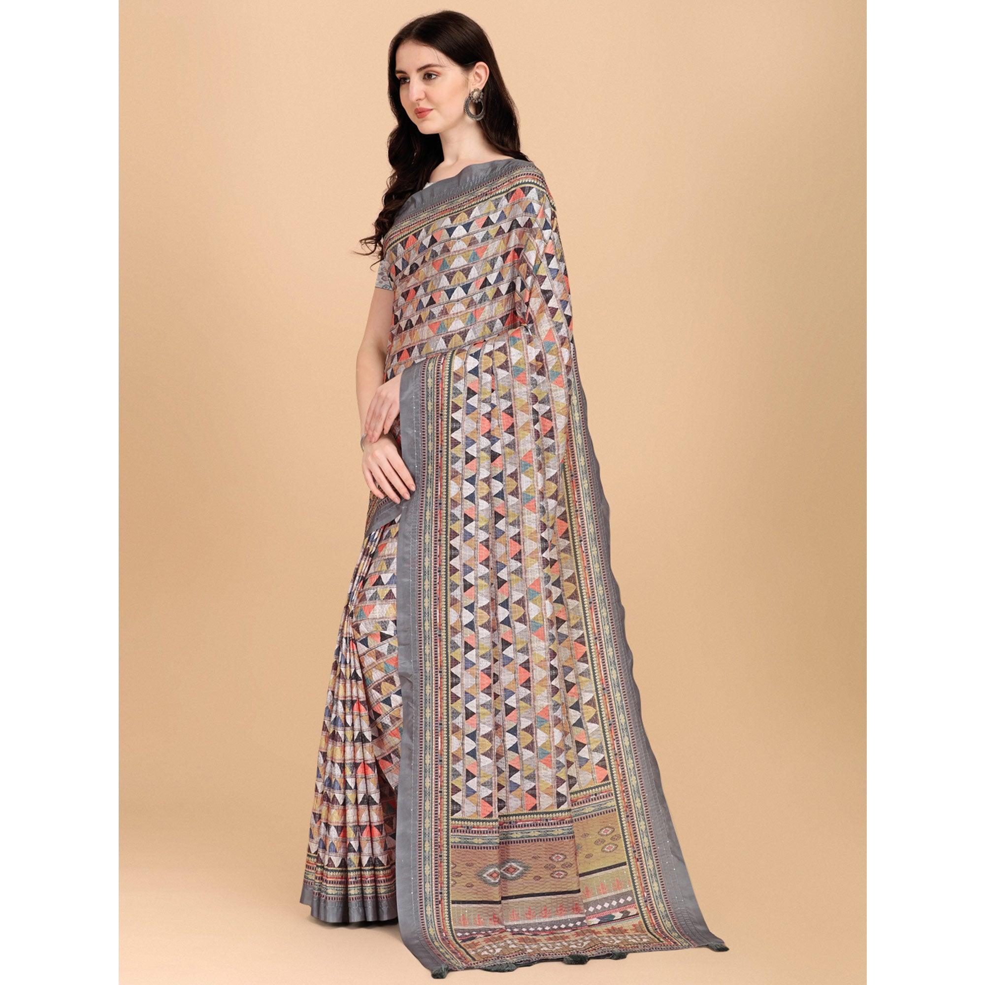 Grey Printed With Sequence Embroidered Cotton Silk Saree - Peachmode