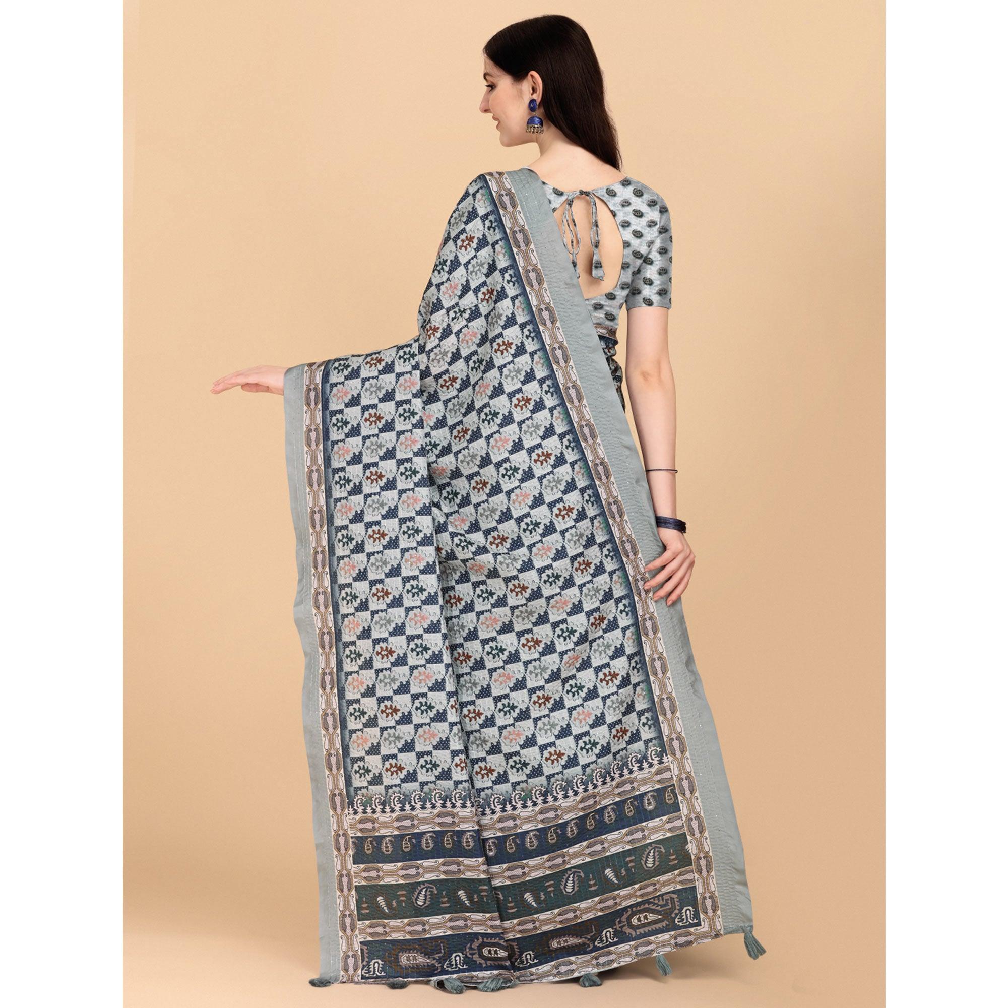 Grey Printed With Sequence Embroidered Cotton Silk Saree - Peachmode