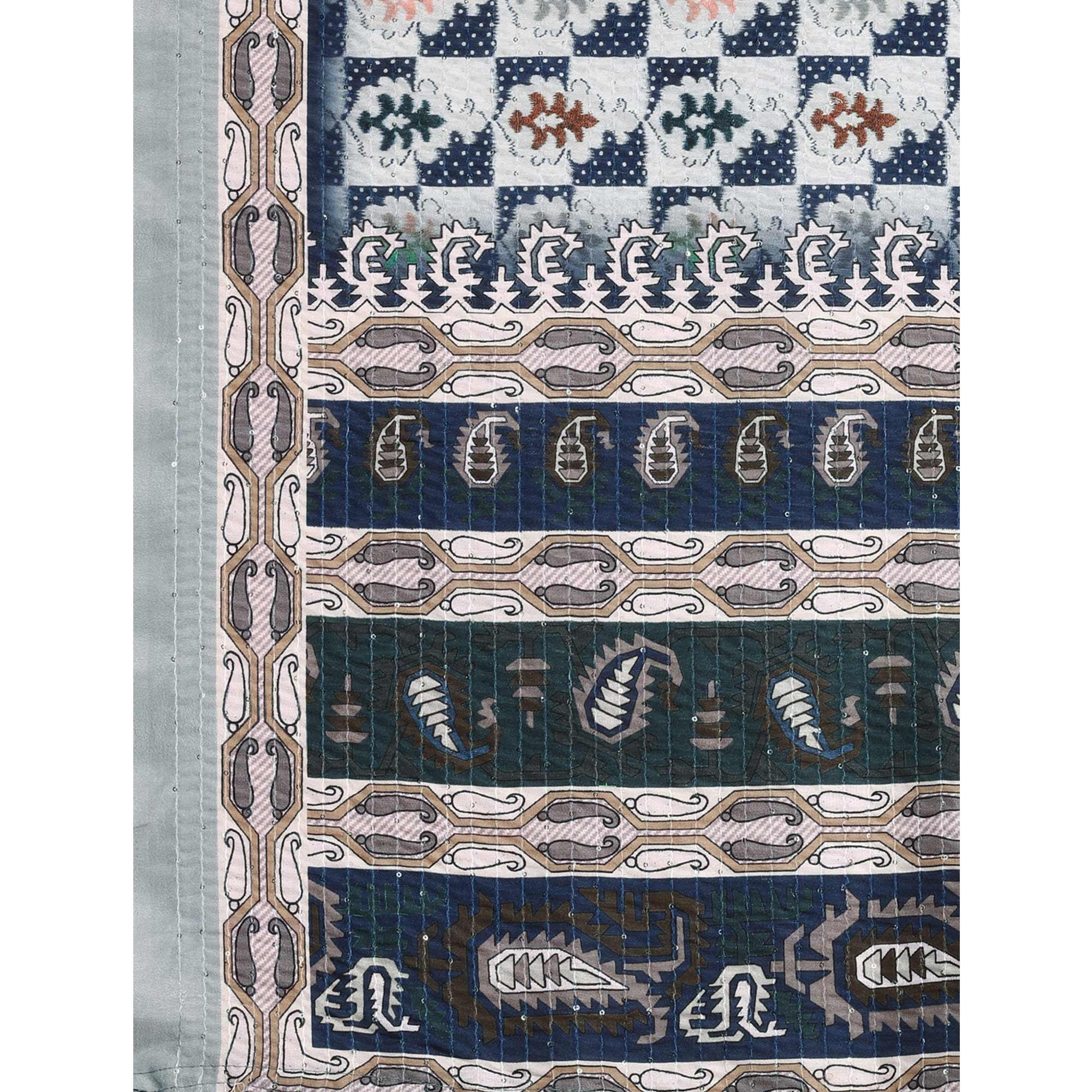 Grey Printed With Sequence Embroidered Cotton Silk Saree - Peachmode