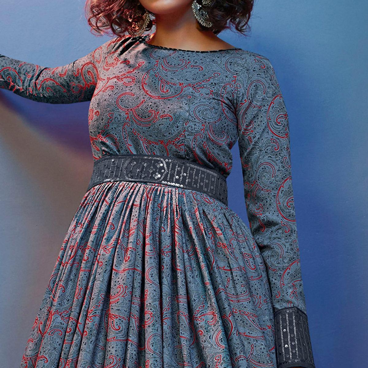 Grey Printed With Sequence Pure Silk Anarkali Style Gown - Peachmode