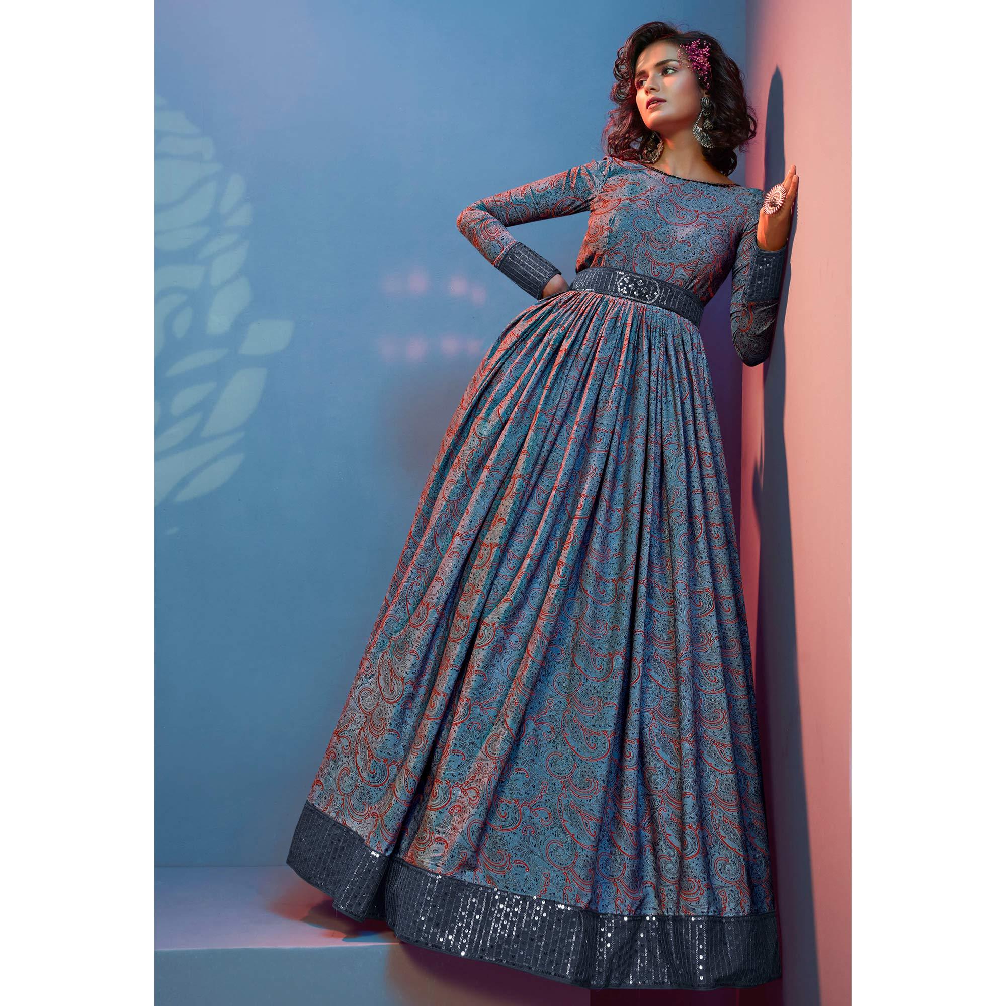 Grey Printed With Sequence Pure Silk Anarkali Style Gown - Peachmode