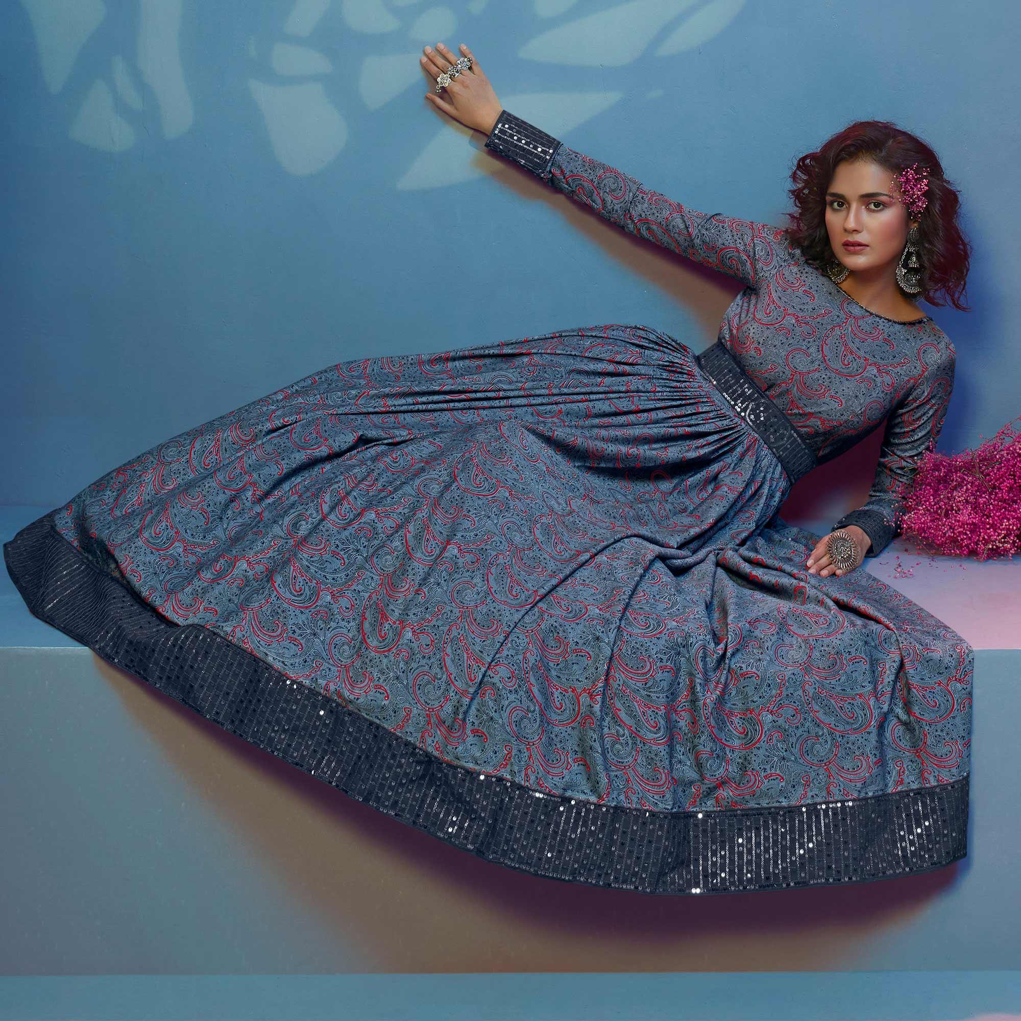 Grey Printed With Sequence Pure Silk Anarkali Style Gown - Peachmode