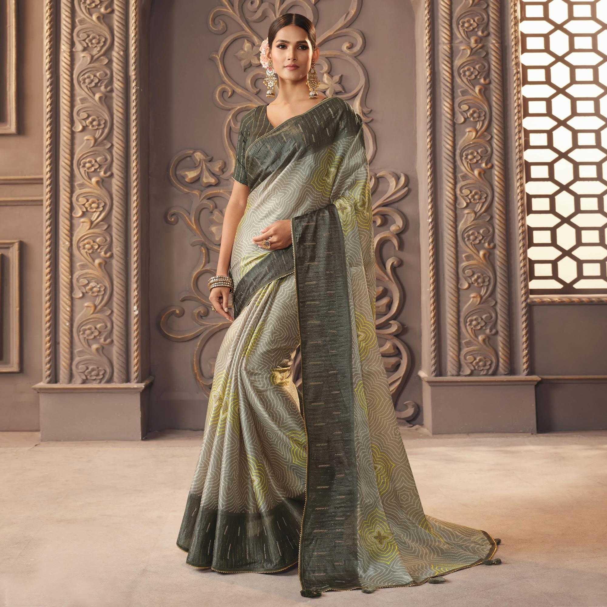 Grey Printed With Sequence Work Organza Saree - Peachmode