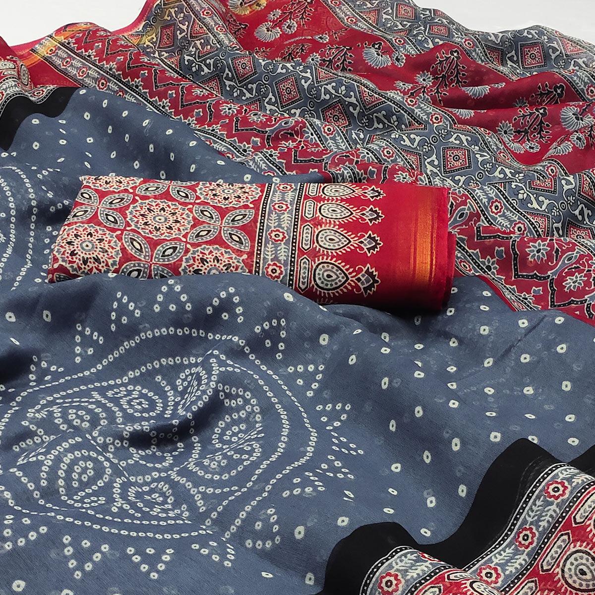 Grey-Red Bandhani Printed Poly Cotton Saree - Peachmode