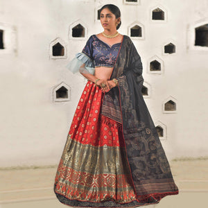 Grey-Red Festive Wear Cutdana With Resham & Zardosi Work Banarasi Art Silk Lehenga Choli - Peachmode