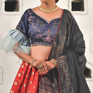 Grey-Red Festive Wear Cutdana With Resham & Zardosi Work Banarasi Art Silk Lehenga Choli - Peachmode