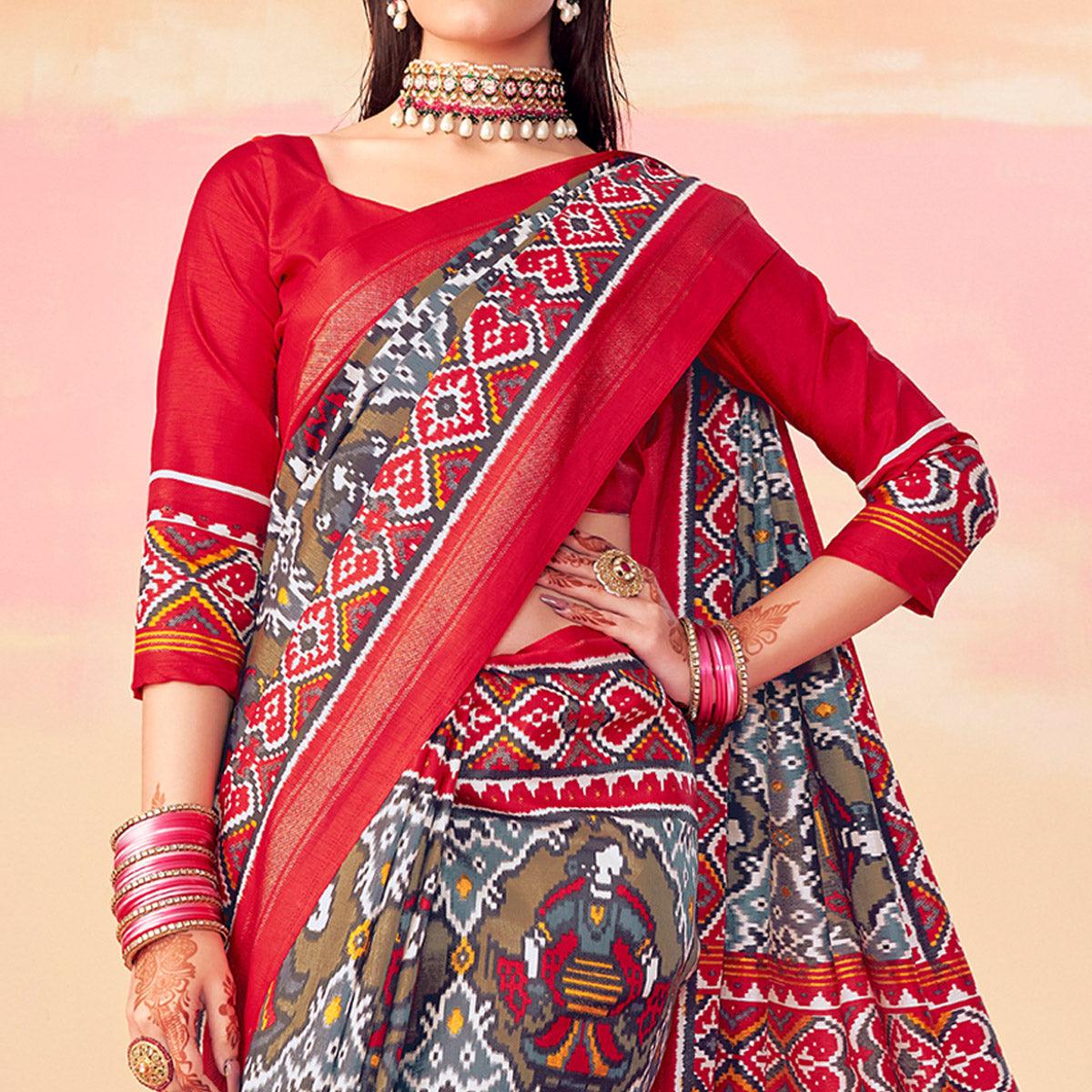 Grey-Red Patola Printed Art Silk Saree With Tassels - Peachmode