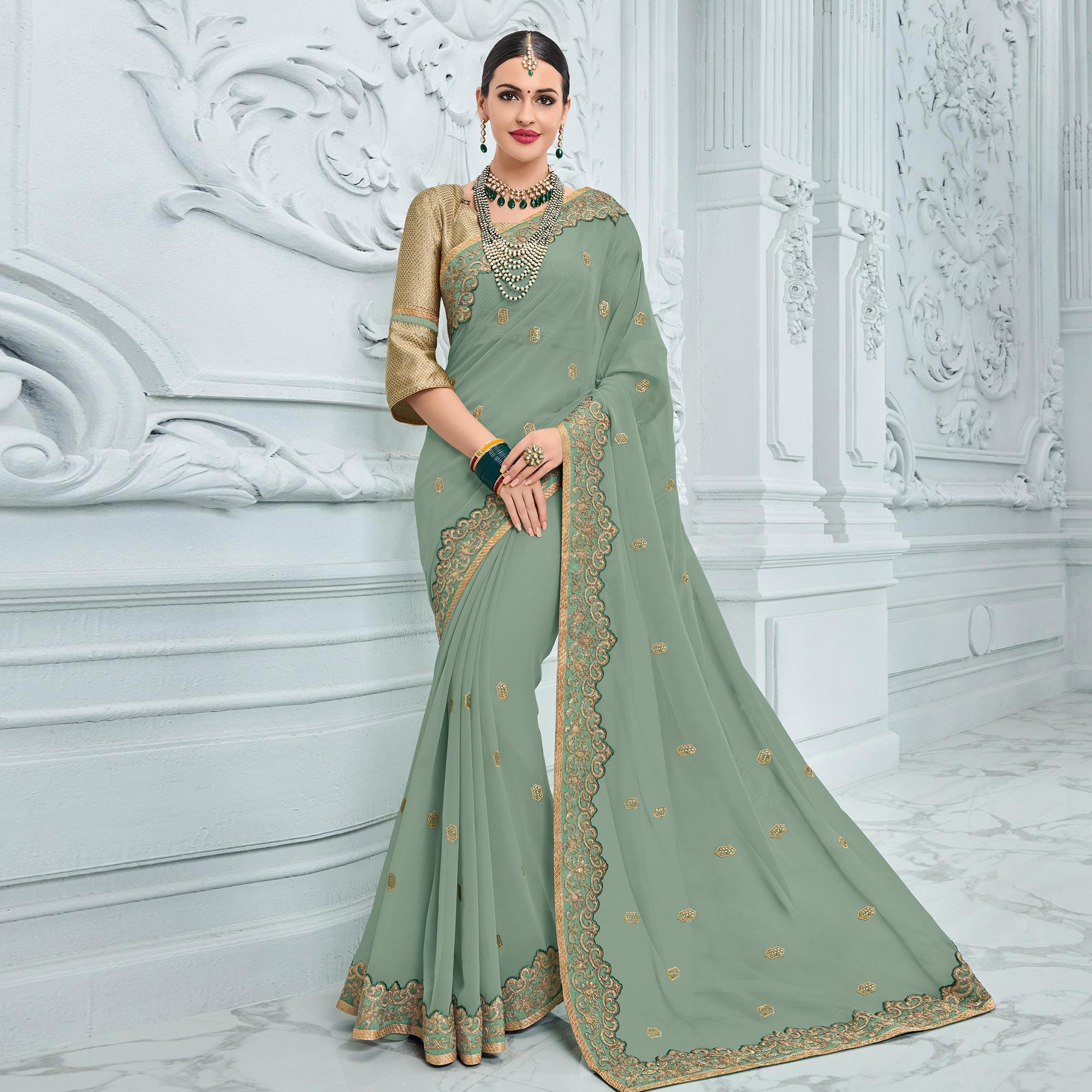 Grey Sequence Embroidered Art Silk Saree - Peachmode