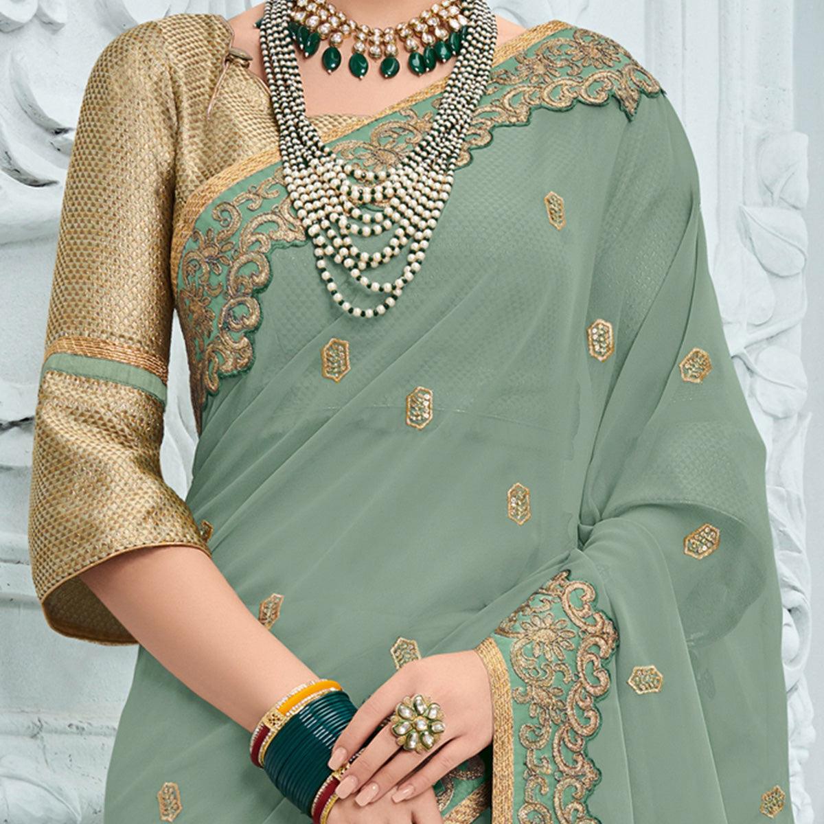 Grey Sequence Embroidered Art Silk Saree - Peachmode