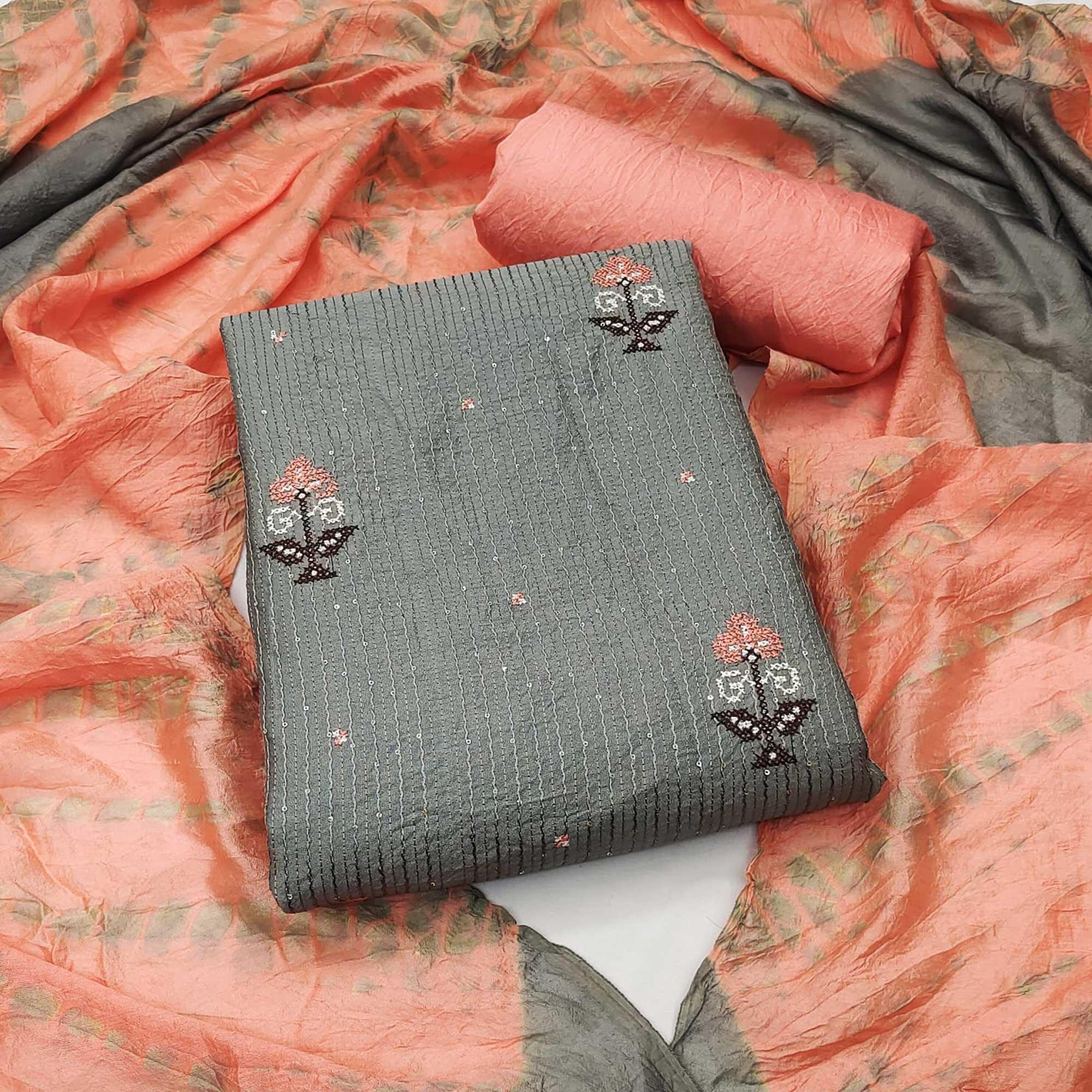 Grey Sequence Embroidered Chanderi Dress Material - Peachmode