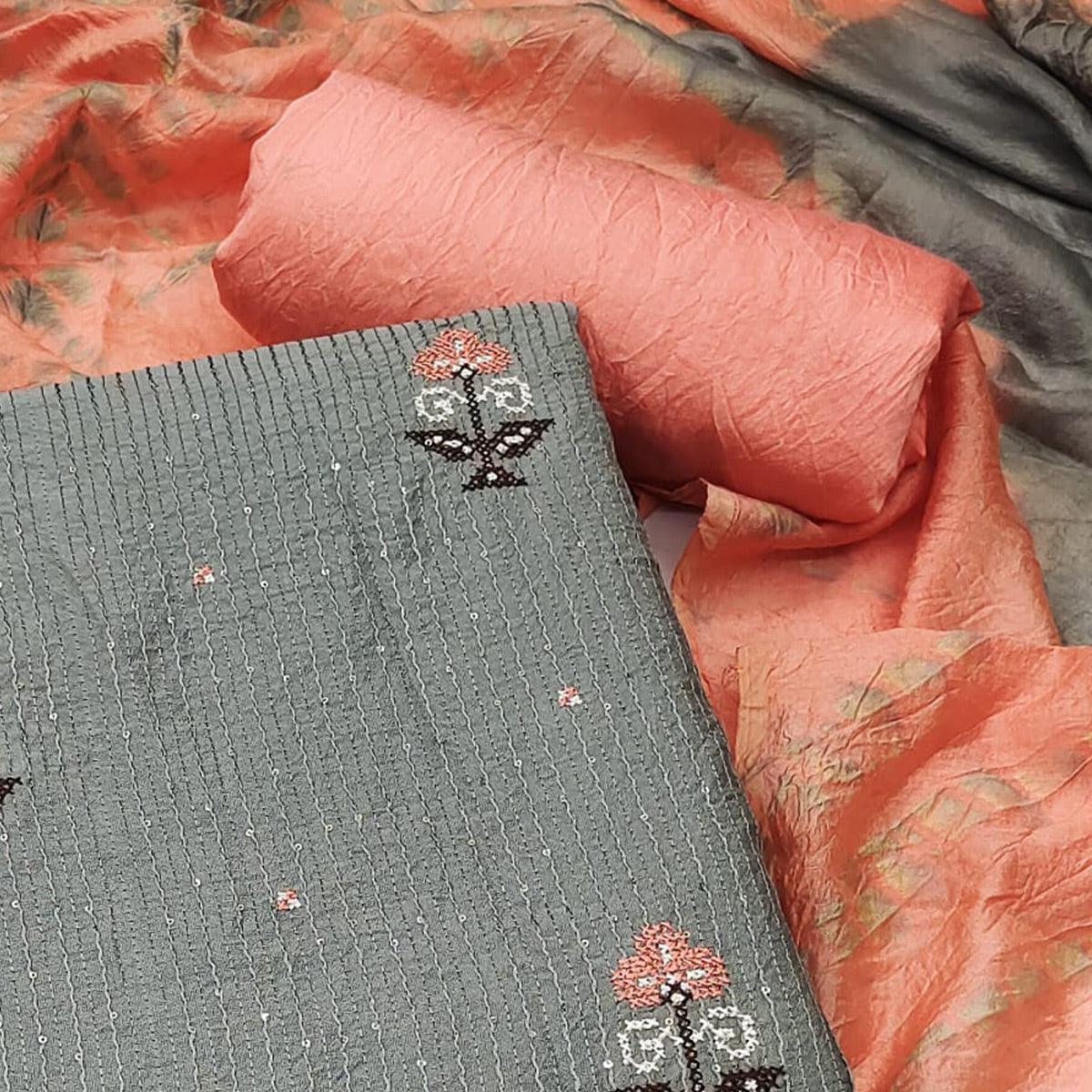 Grey Sequence Embroidered Chanderi Dress Material - Peachmode