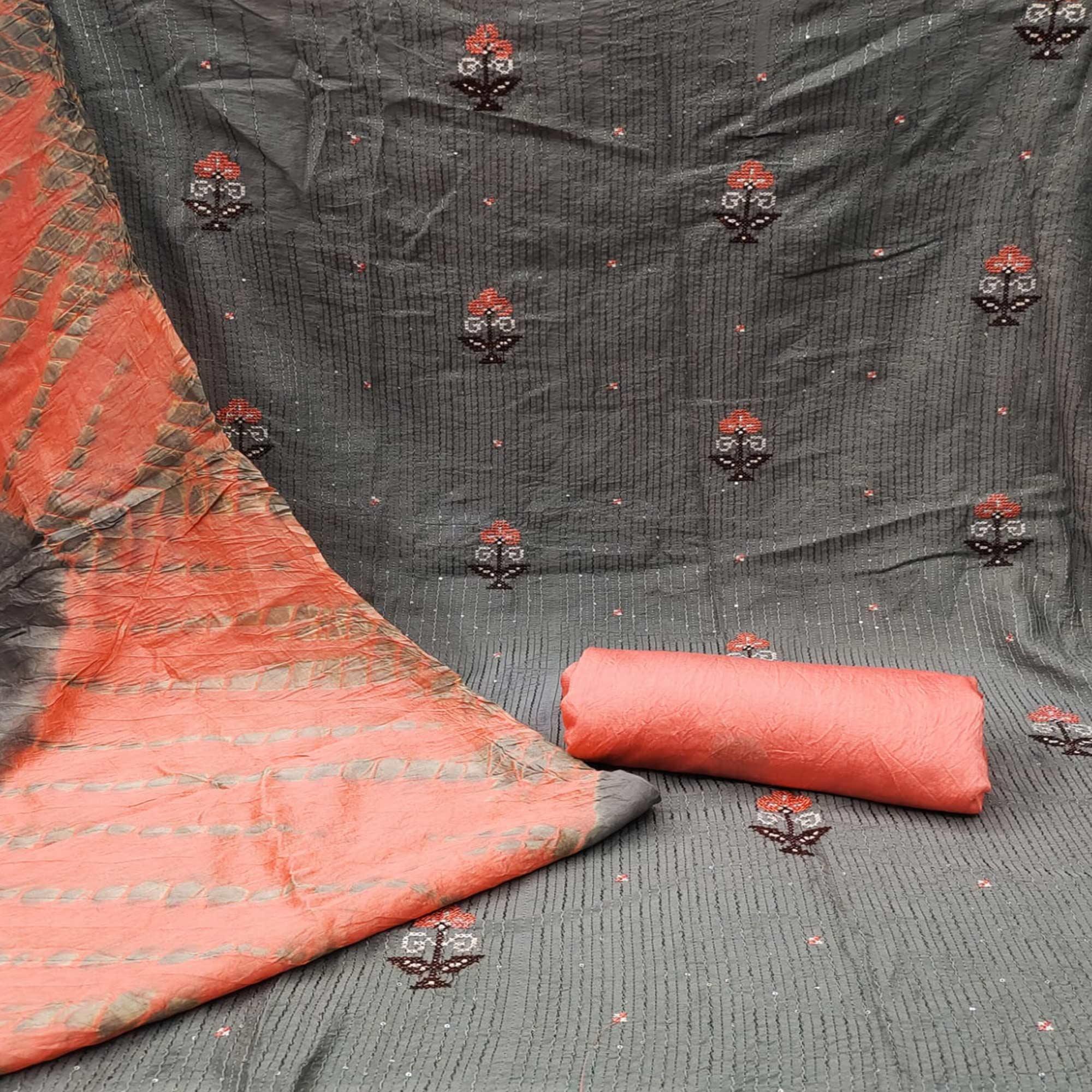 Grey Sequence Embroidered Chanderi Dress Material - Peachmode