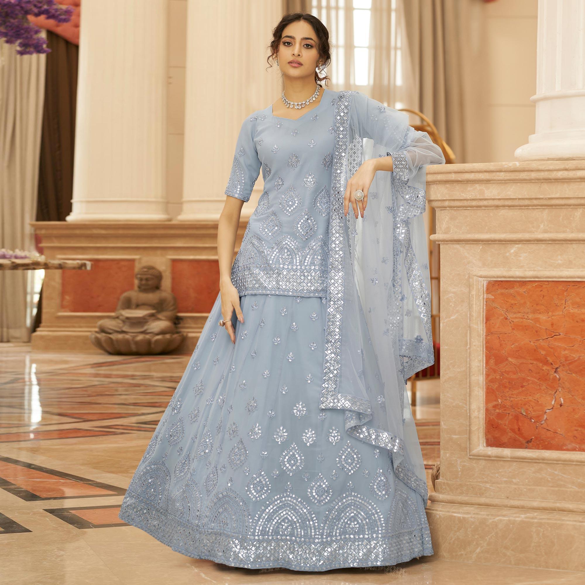 Grey Sequence Embroidered Chiffon Lehenga Choli - Peachmode