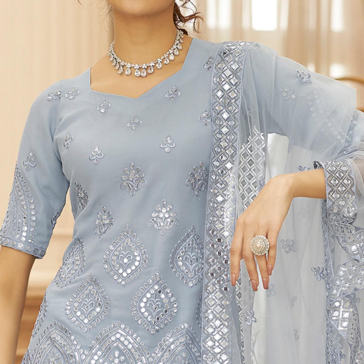 Grey Sequence Embroidered Chiffon Lehenga Choli - Peachmode