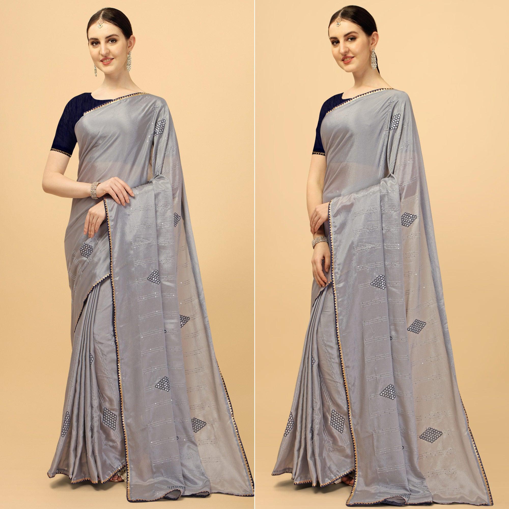 Grey Sequence Embroidered Chiffon Saree - Peachmode