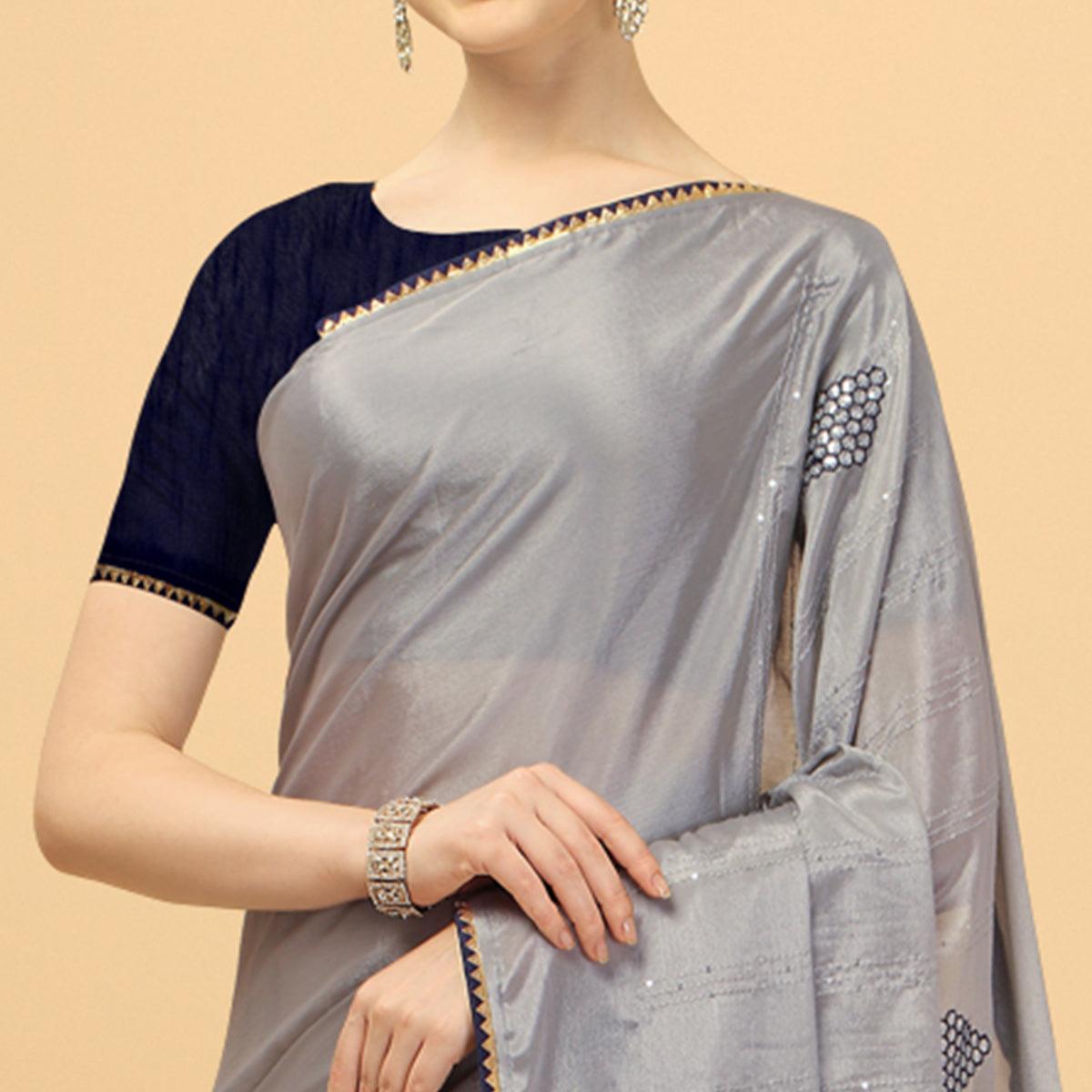 Grey Sequence Embroidered Chiffon Saree - Peachmode