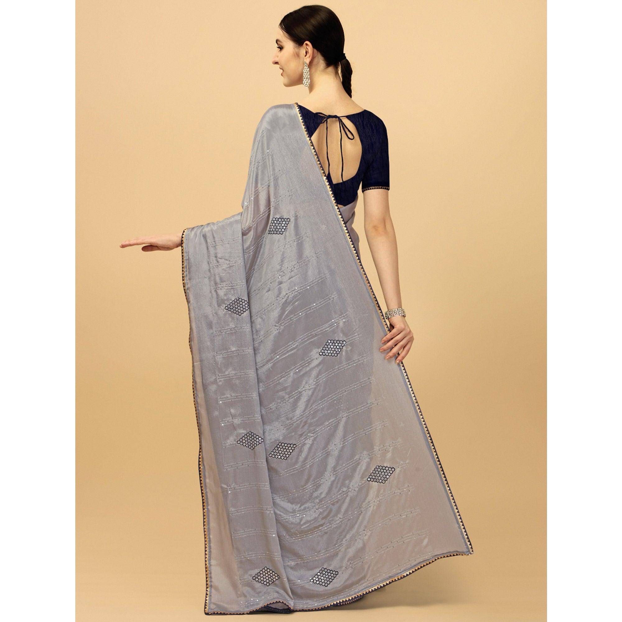Grey Sequence Embroidered Chiffon Saree - Peachmode