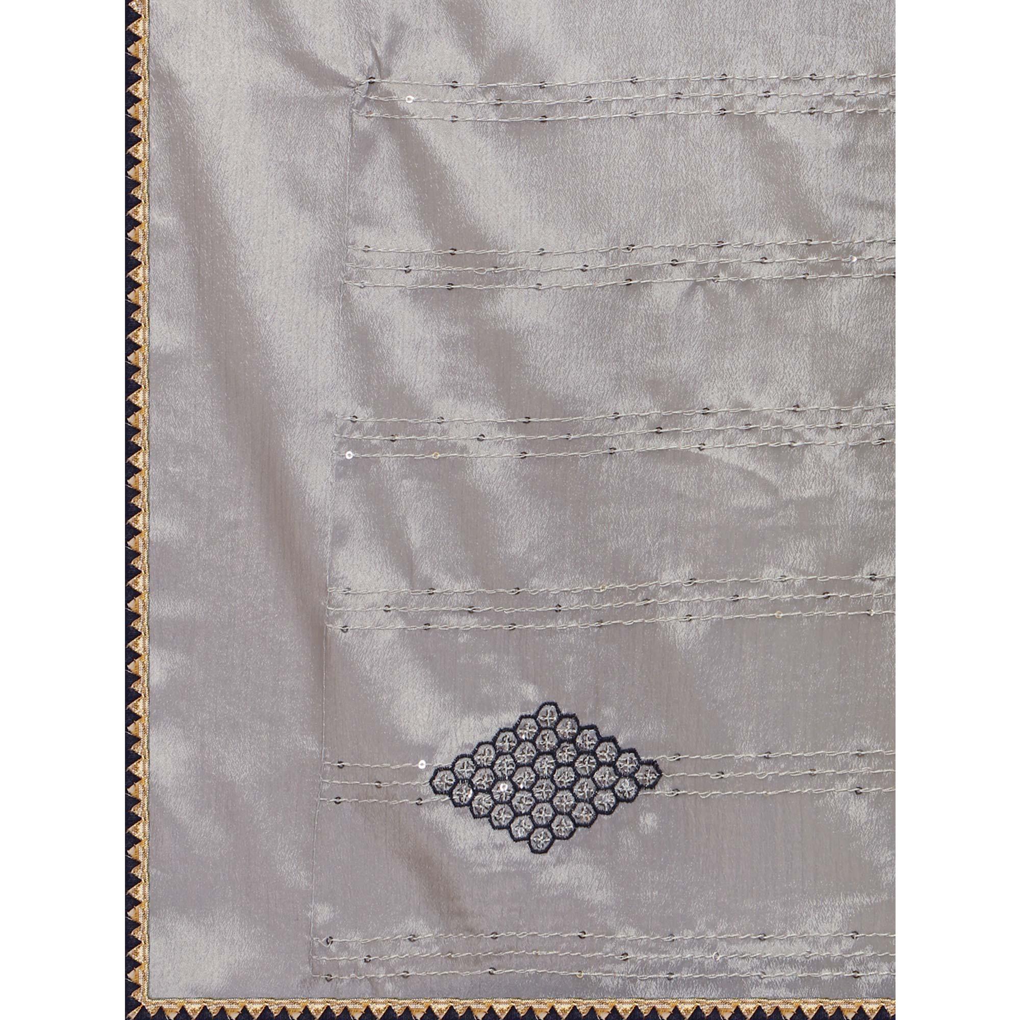 Grey Sequence Embroidered Chiffon Saree - Peachmode