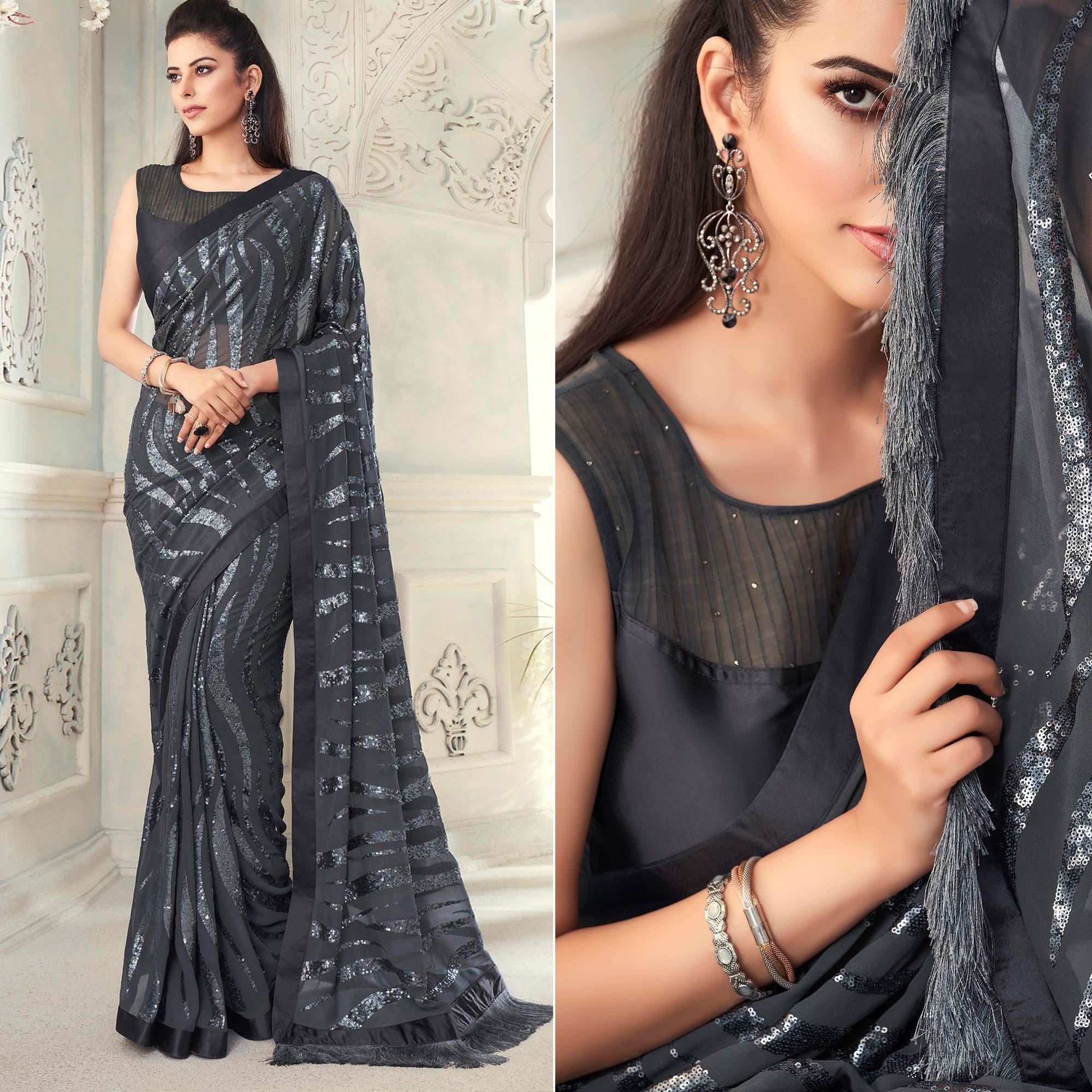 Grey Sequence Embroidered Georgette Saree With Tassels - Peachmode