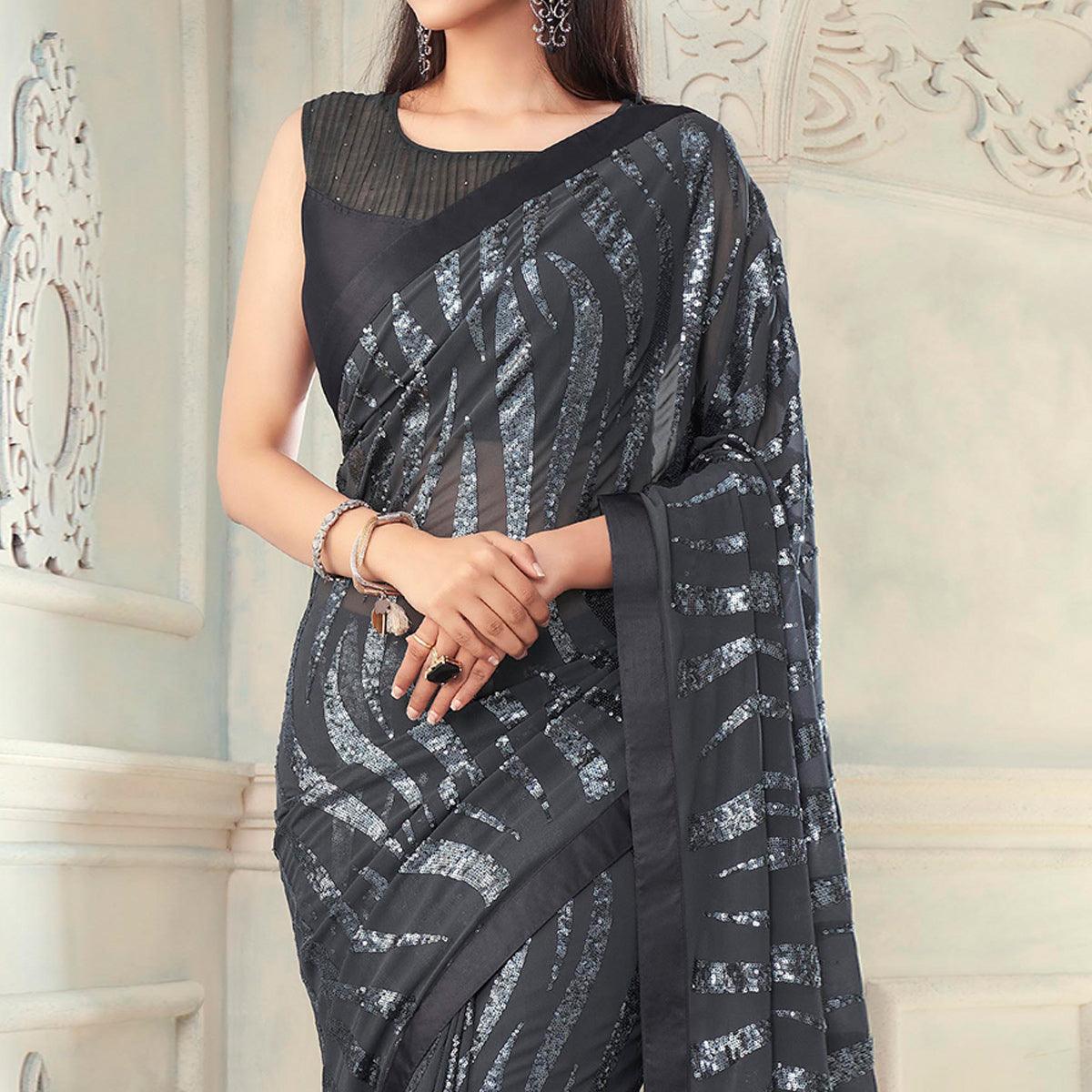 Grey Sequence Embroidered Georgette Saree With Tassels - Peachmode