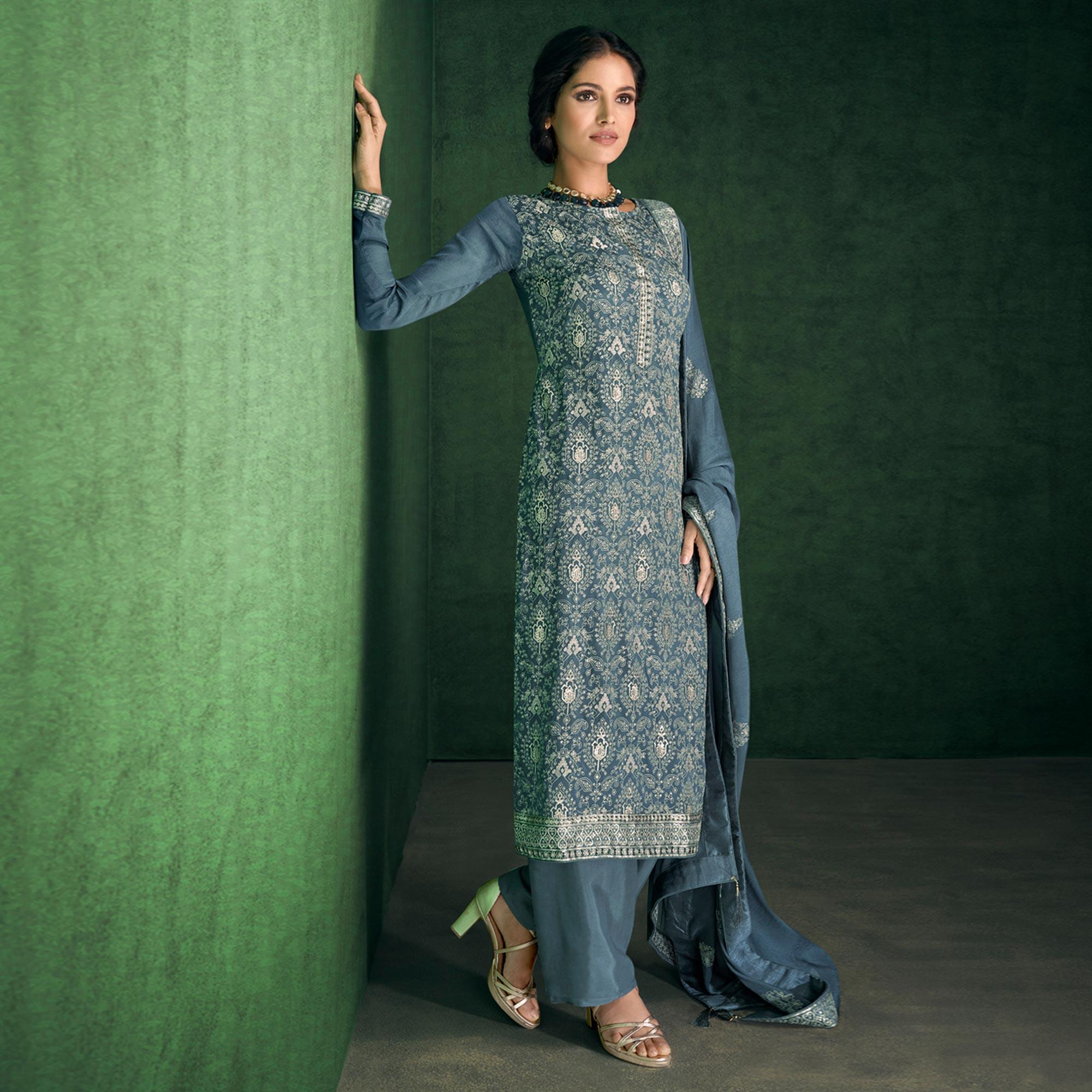 Grey Sequence Embroidered Handwork Chiffon Partywear Suit - Peachmode