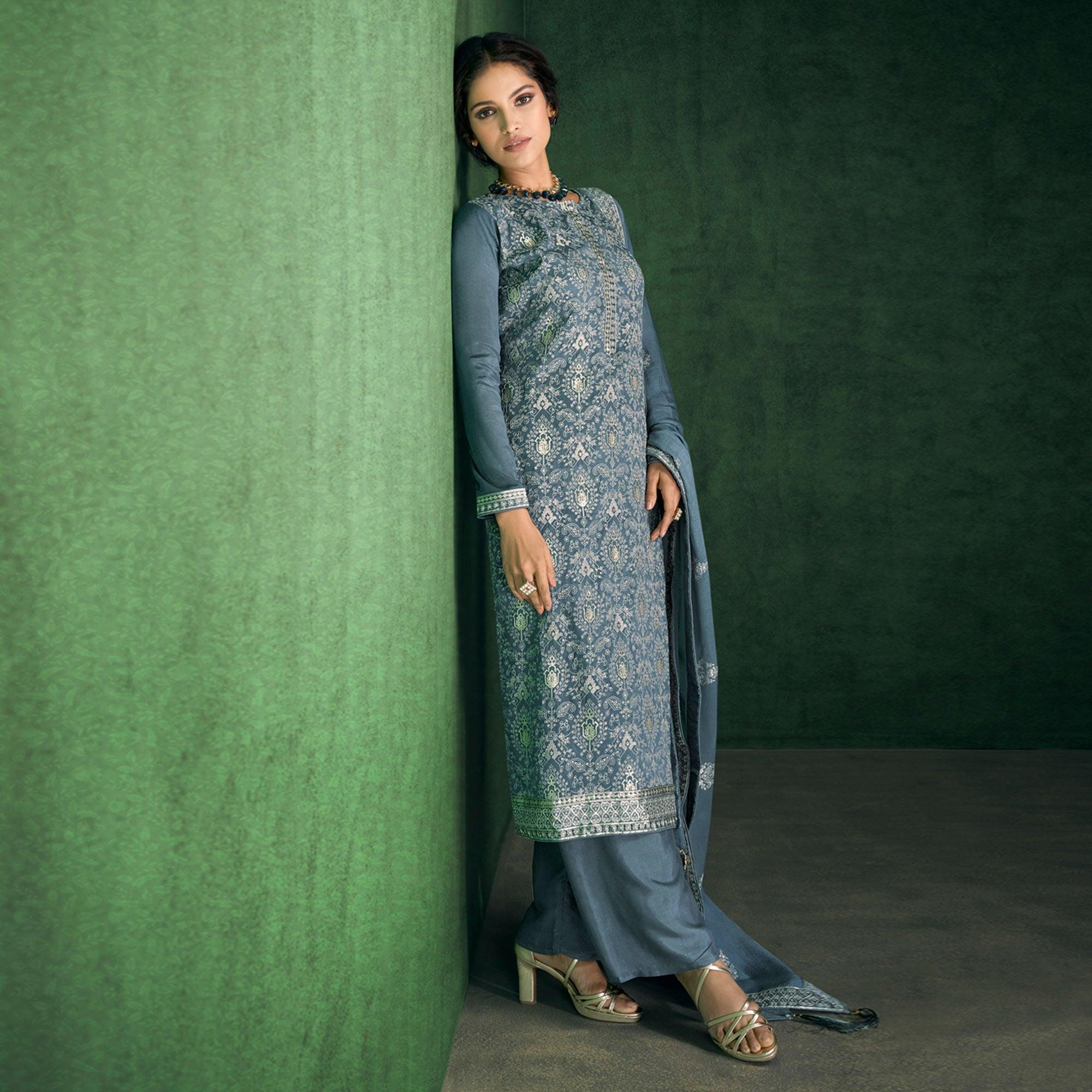Grey Sequence Embroidered Handwork Chiffon Partywear Suit - Peachmode