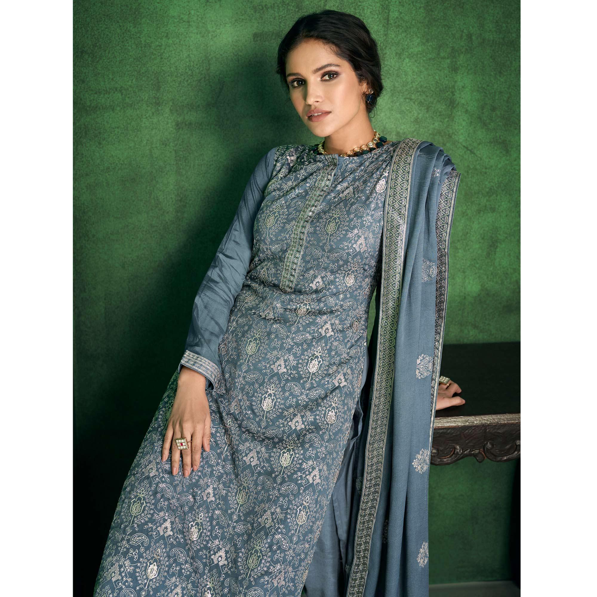 Grey Sequence Embroidered Handwork Chiffon Partywear Suit - Peachmode