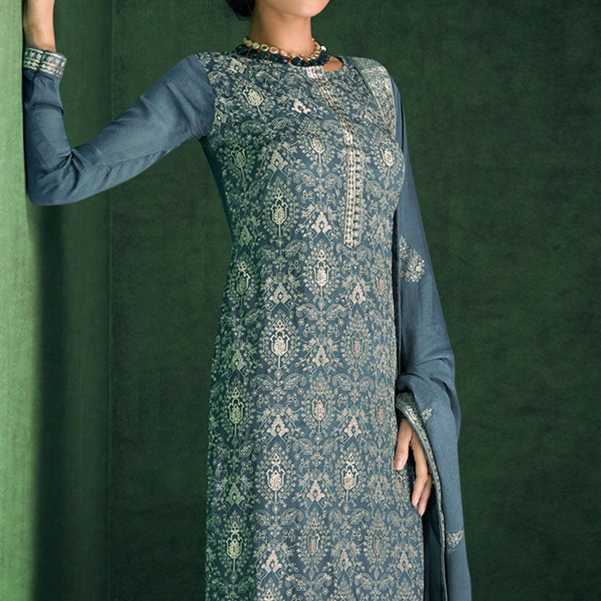 Grey Sequence Embroidered Handwork Chiffon Partywear Suit - Peachmode