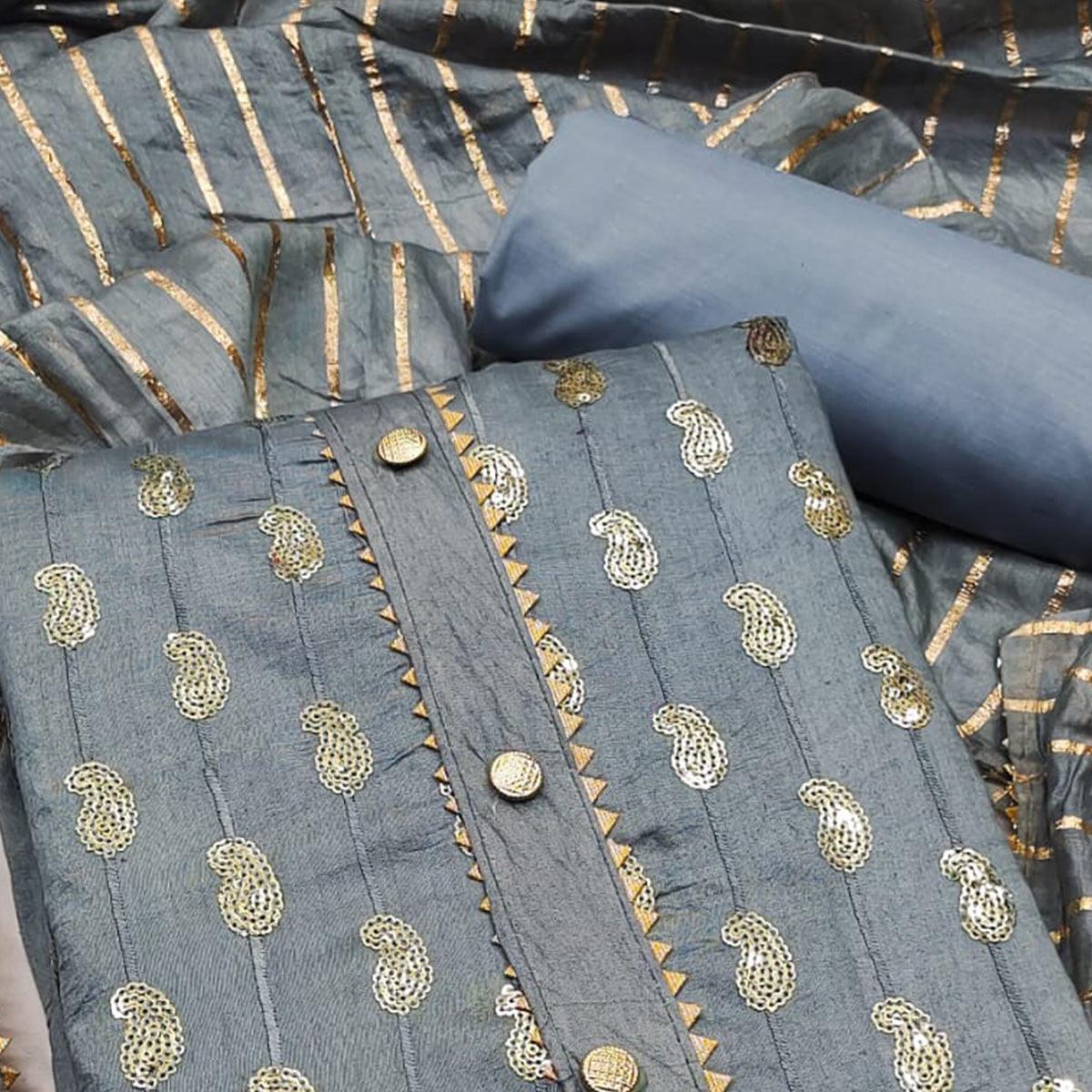 Grey Sequence Embroidered Pure Cotton Dress Material - Peachmode