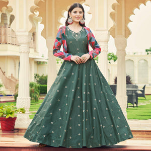 Grey Sequence Embroidered Pure Cotton Gown With Koti - Peachmode