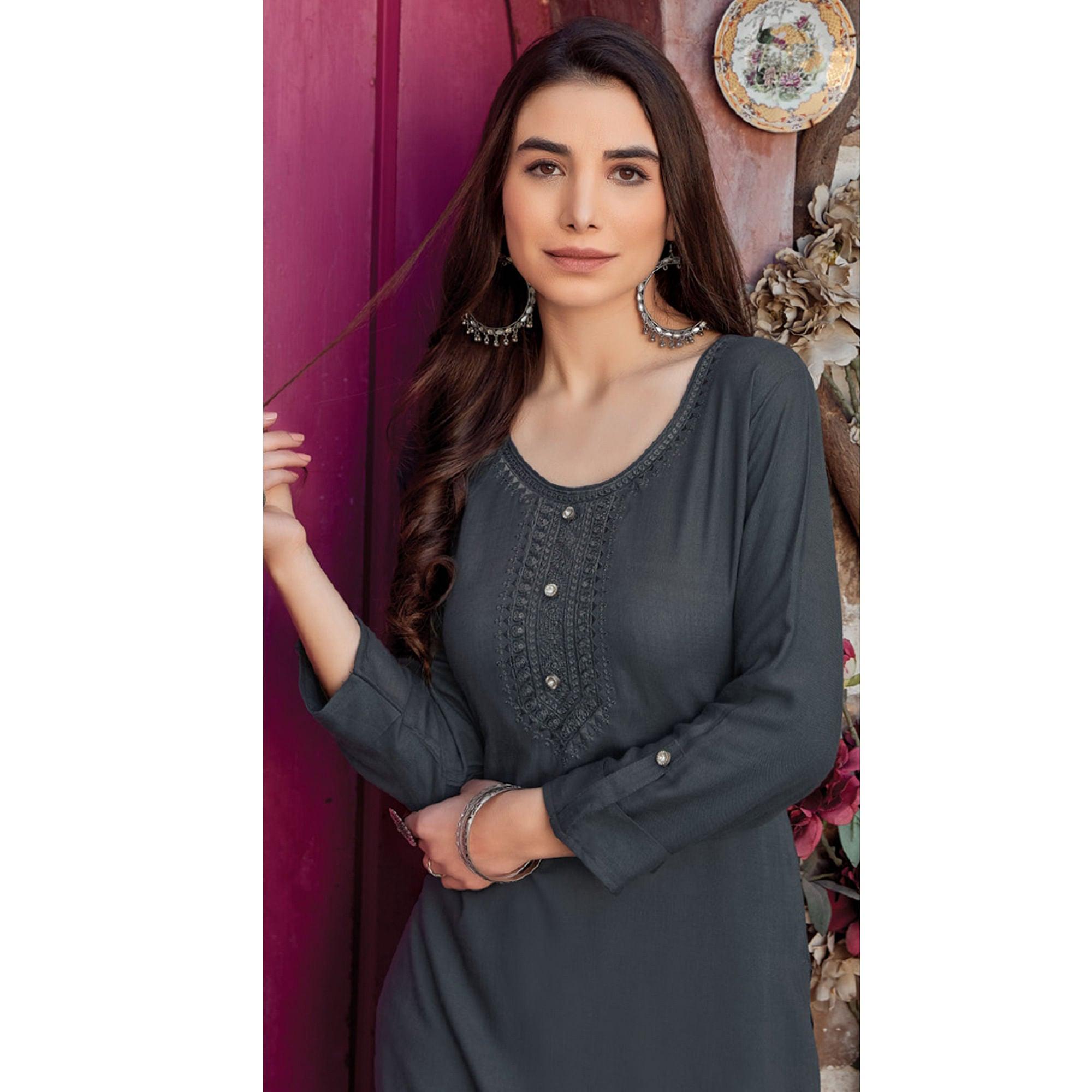 Grey Sequence Embroidered Pure Cotton Kurti - Peachmode