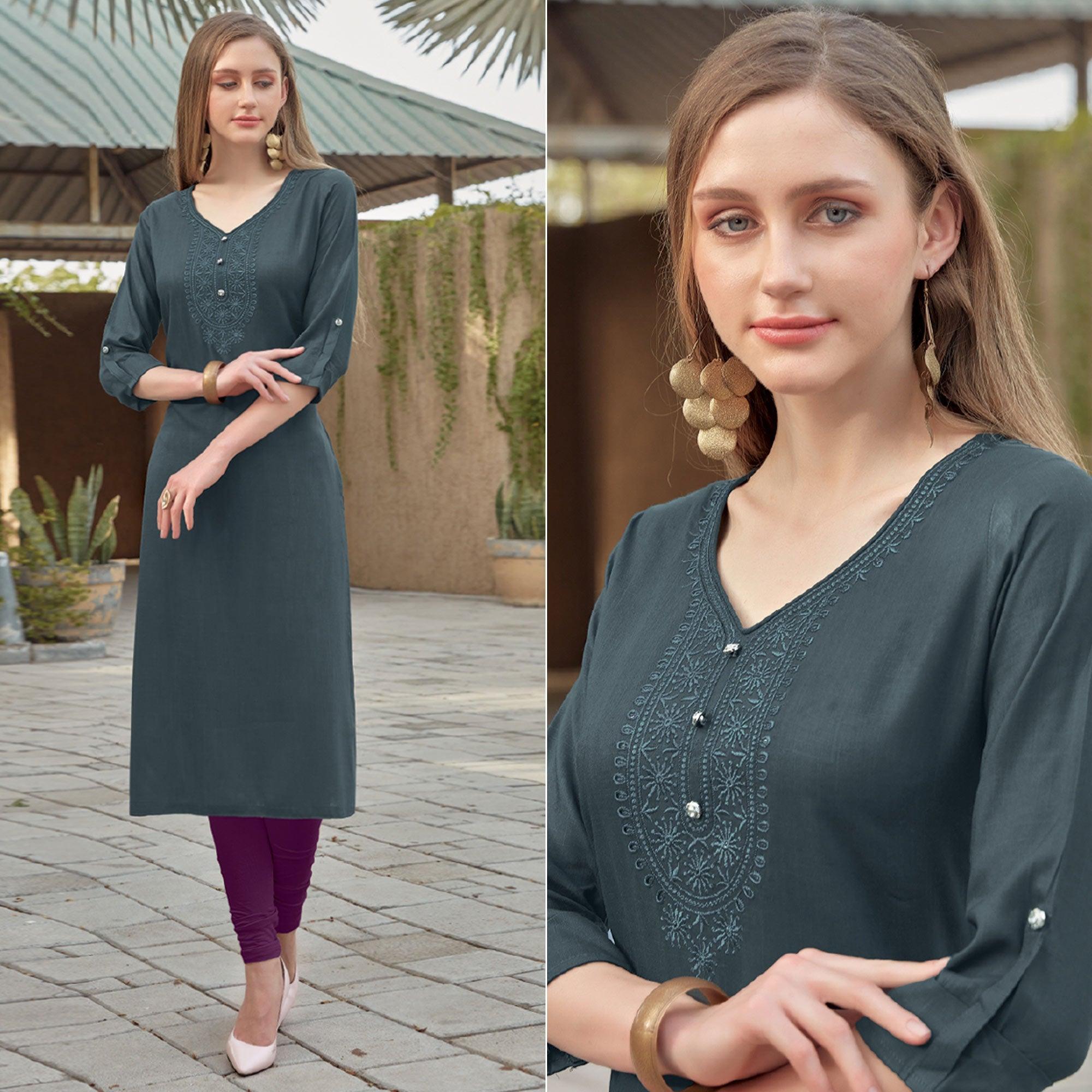 Grey Sequence Embroidered Rayon Kurti - Peachmode
