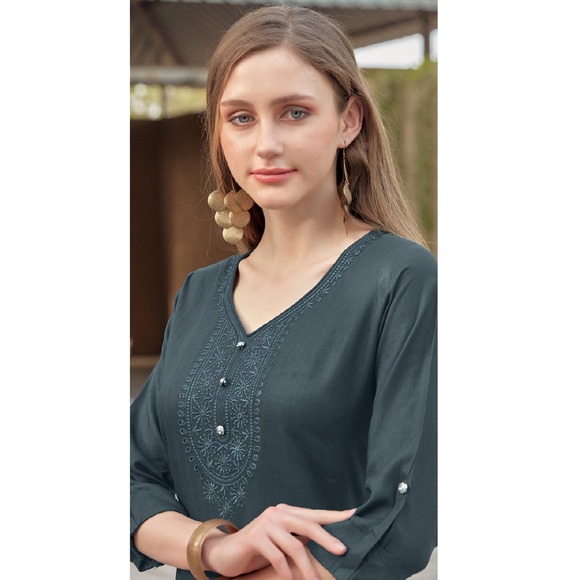Grey Sequence Embroidered Rayon Kurti - Peachmode