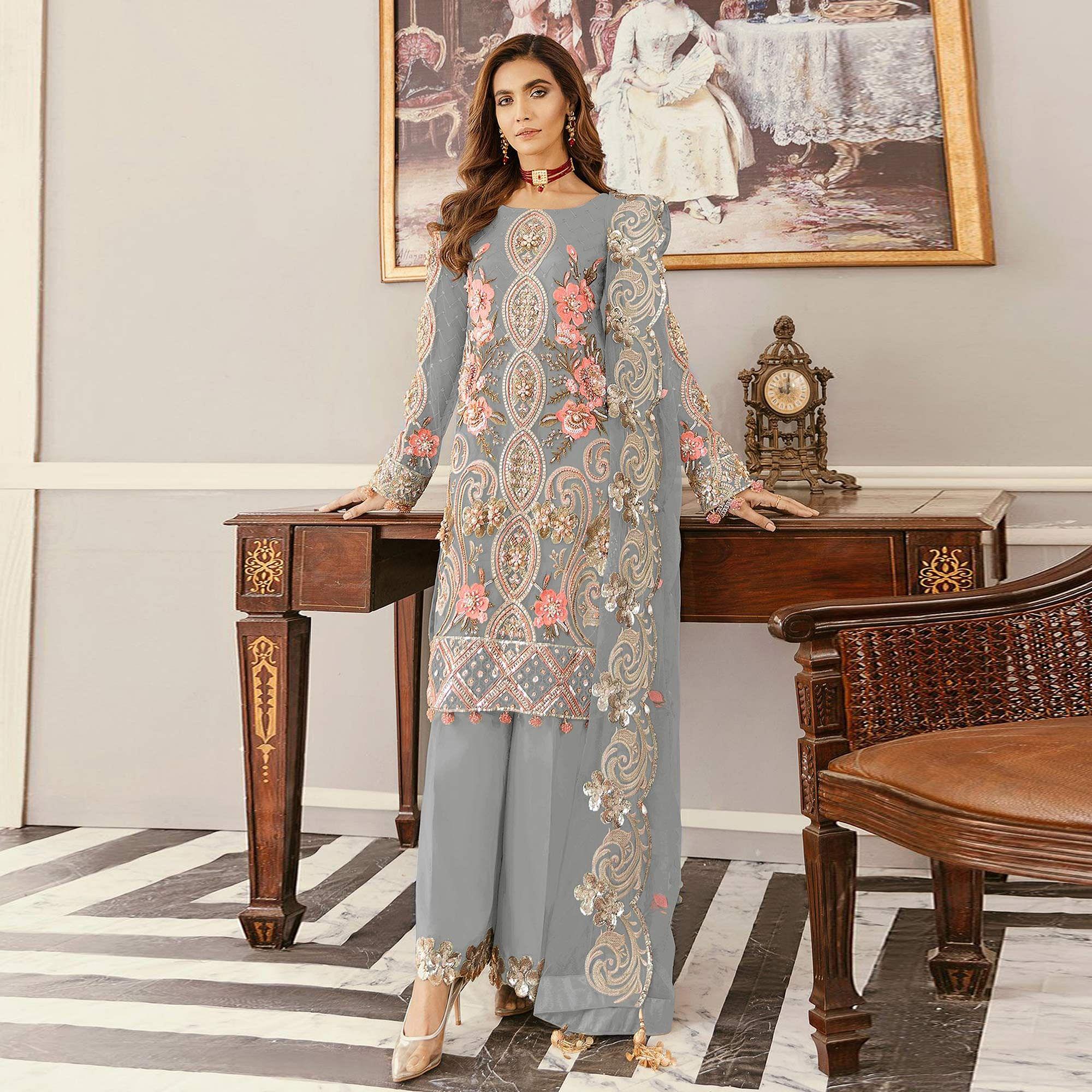 Grey Sequence Embroidered  Soft Net Partywear Pakistani Suit - Peachmode