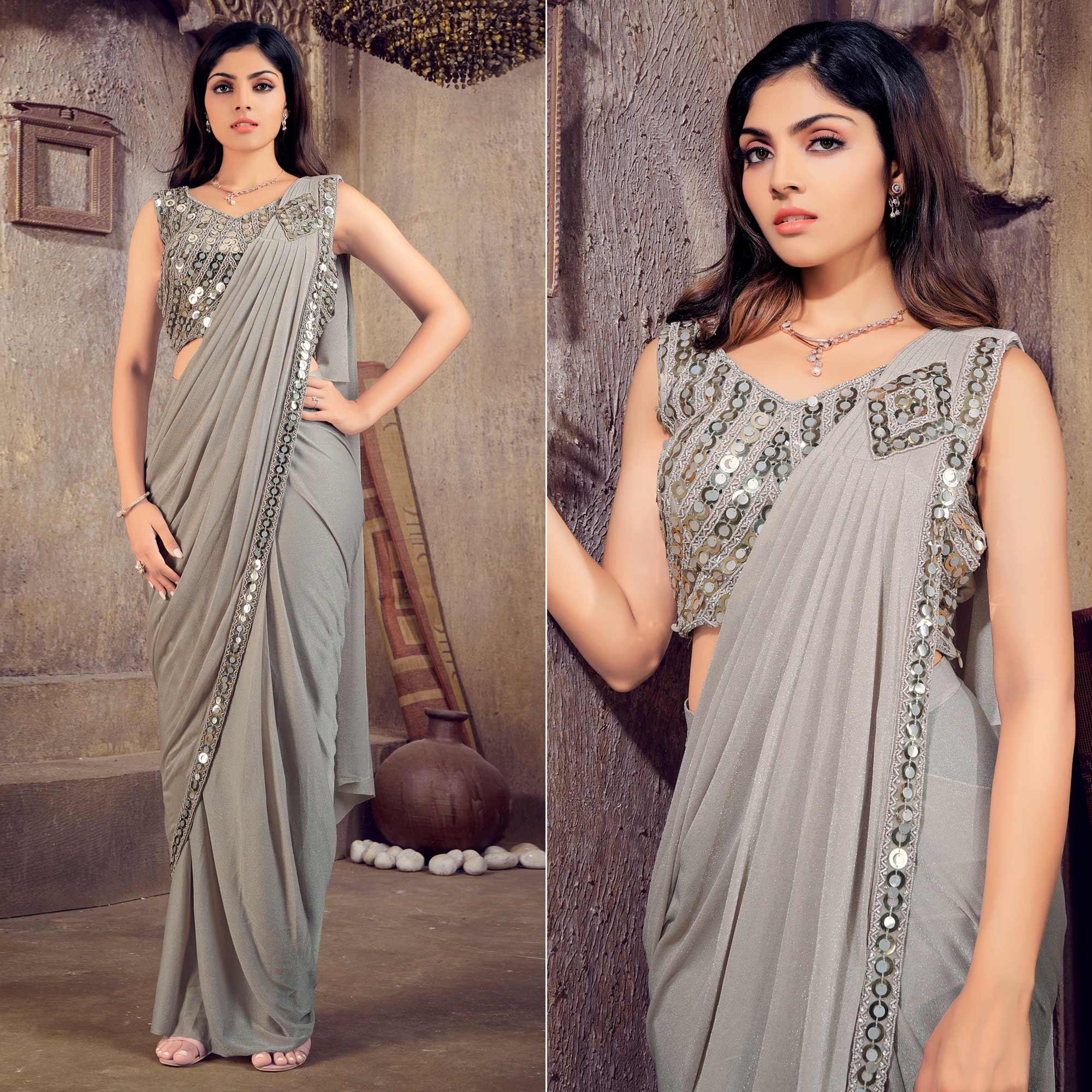 Grey Sequence Embroidered Stitched Art Silk Saree - Peachmode